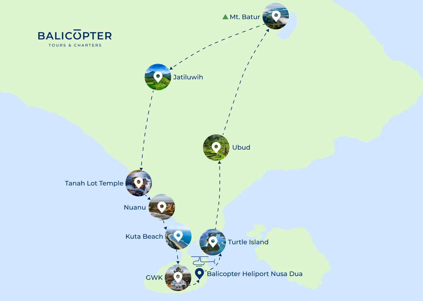 Visual Map Helicopter Tour Nusa Dua Canggu Bali - Batur Agung Volcanoes Tahan Lot 
Balicopter 