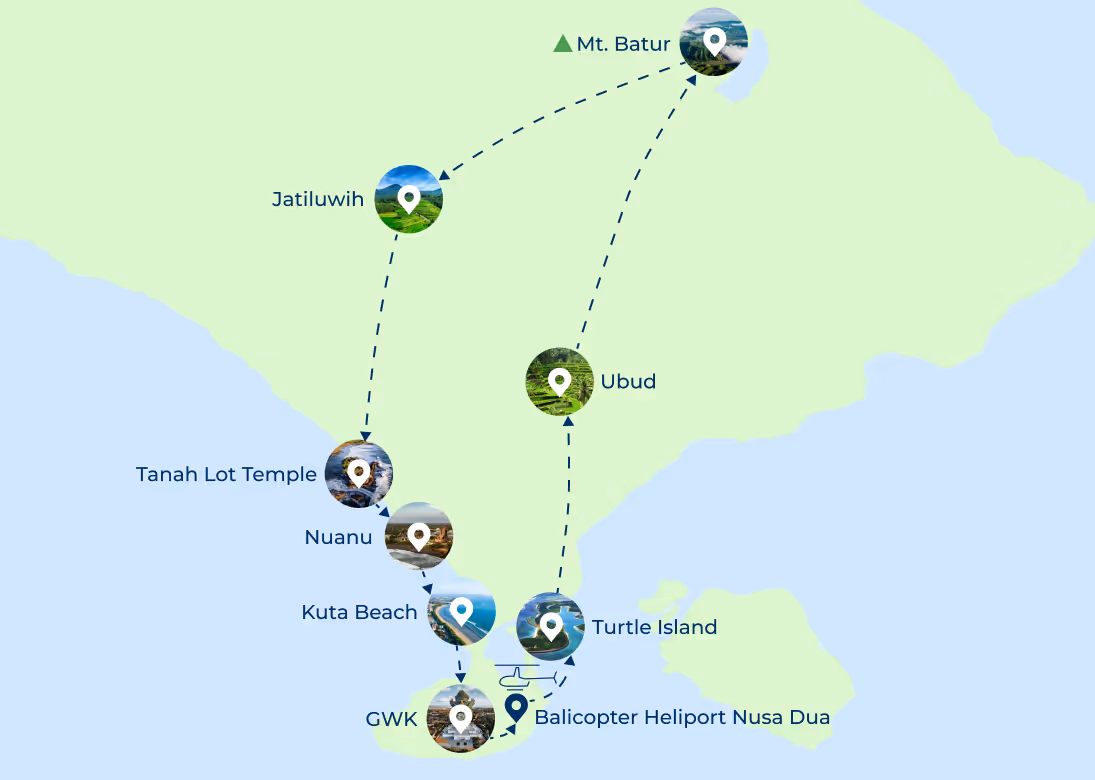 Visual Map Helicopter Tour Nusa Dua Canggu Bali - Batur Agung Volcanoes Tahan Lot 
Balicopter 