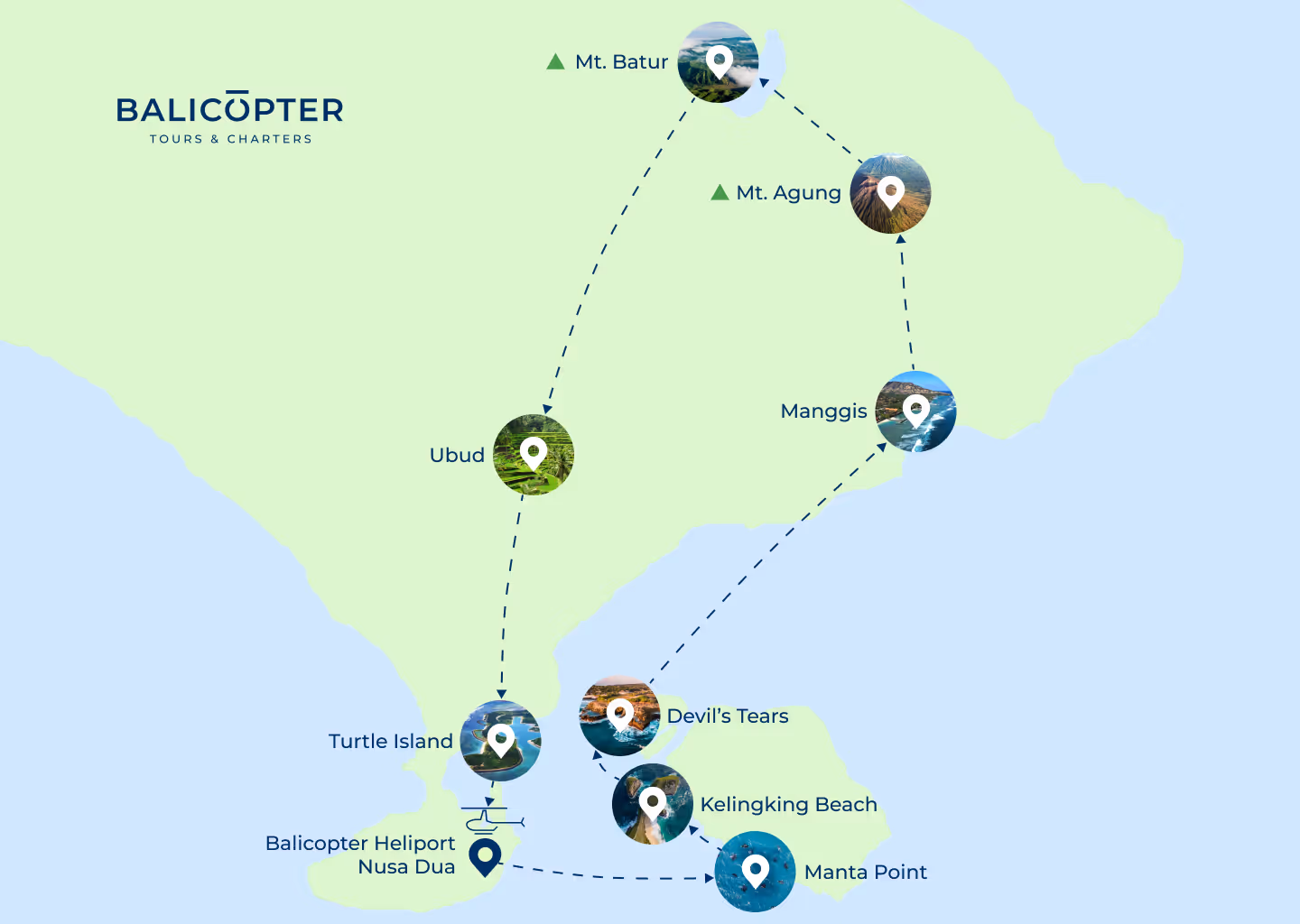 Visual Map Helicopter Tour Nusa Dua Canggu Bali - Batur Agung Volcanoes Tahan Lot Nusa Penida
Balicopter 