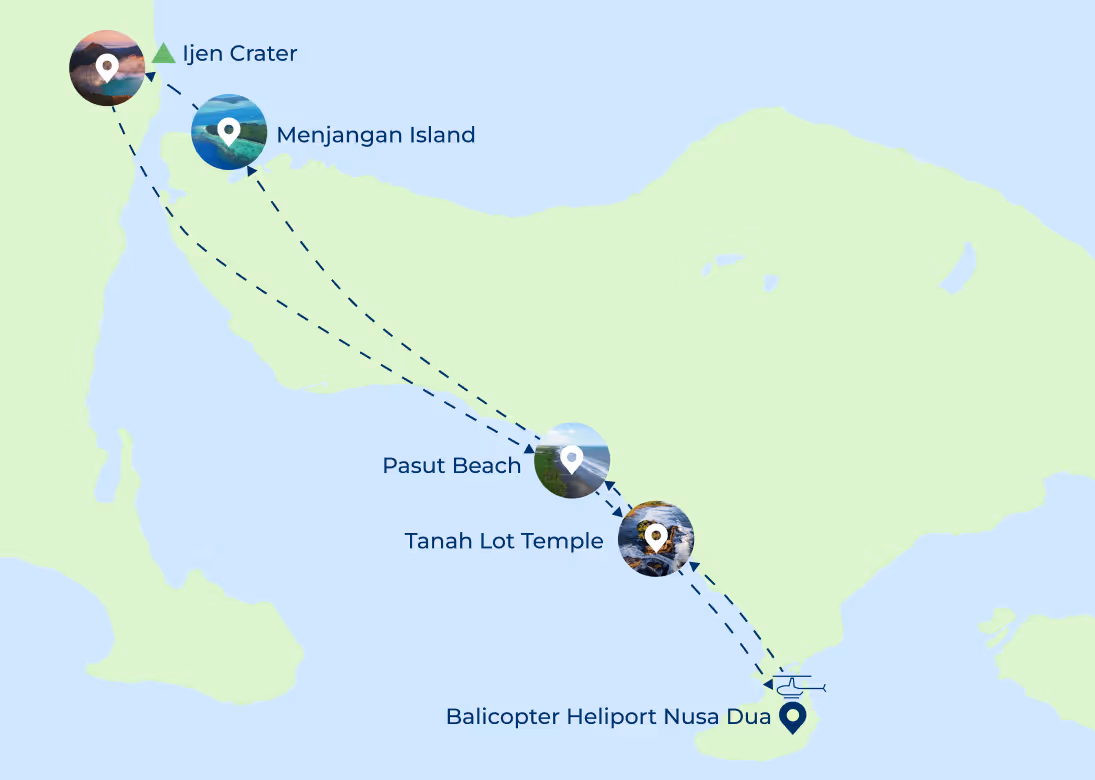 Visual Map Helicopter Tour Nusa Dua Canggu Bali - Ijen Volcanoes Tahan Lot
Balicopter 