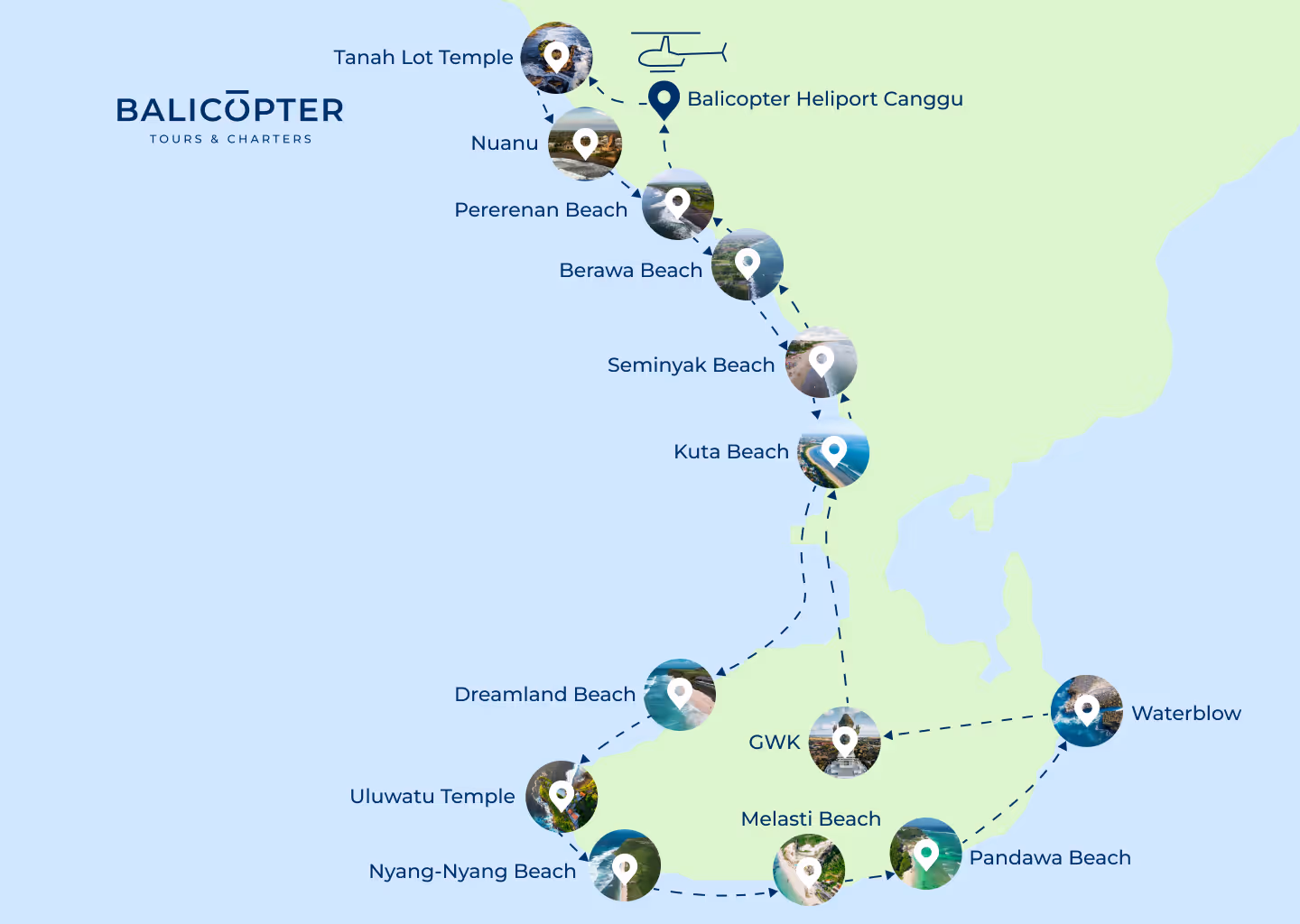 Visual Map Helicopter Tour Nusa Dua Canggu Bali - Uluwatu Melasti Tahan Lot
Balicopter 