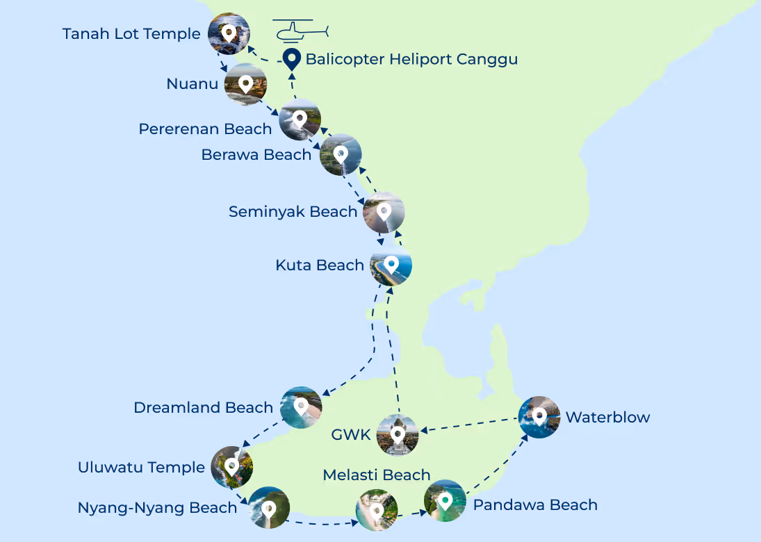 Visual Map Helicopter Tour Nusa Dua Canggu Bali - Tahan Lot Uluwatu
Balicopter 