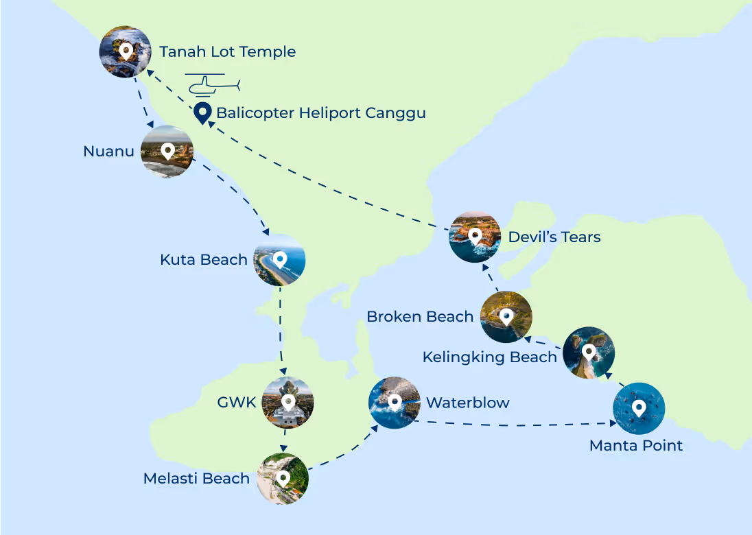 Visual Map Helicopter Tour Nusa Dua Canggu Bali - Nusa Penida Uluwatu Tahan Lot
Balicopter 