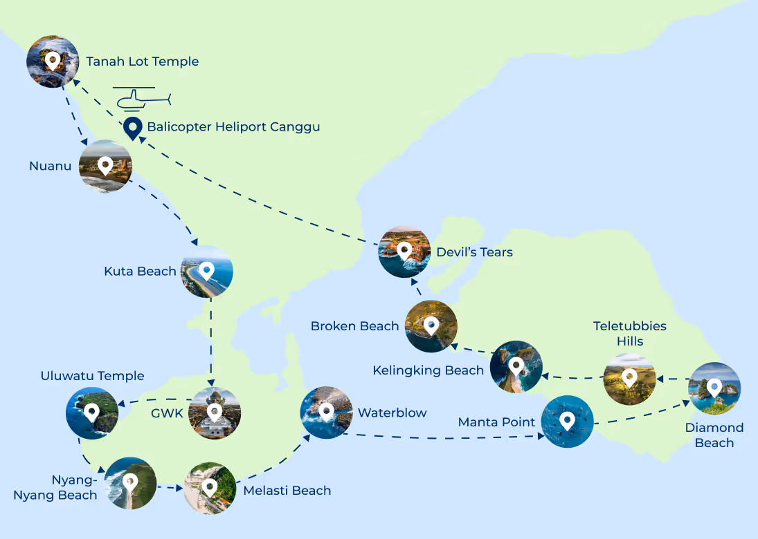 Visual Map Helicopter Tour Nusa Dua Canggu Bali - Nusa Penida Uluwatu Tahan Lot
Balicopter 