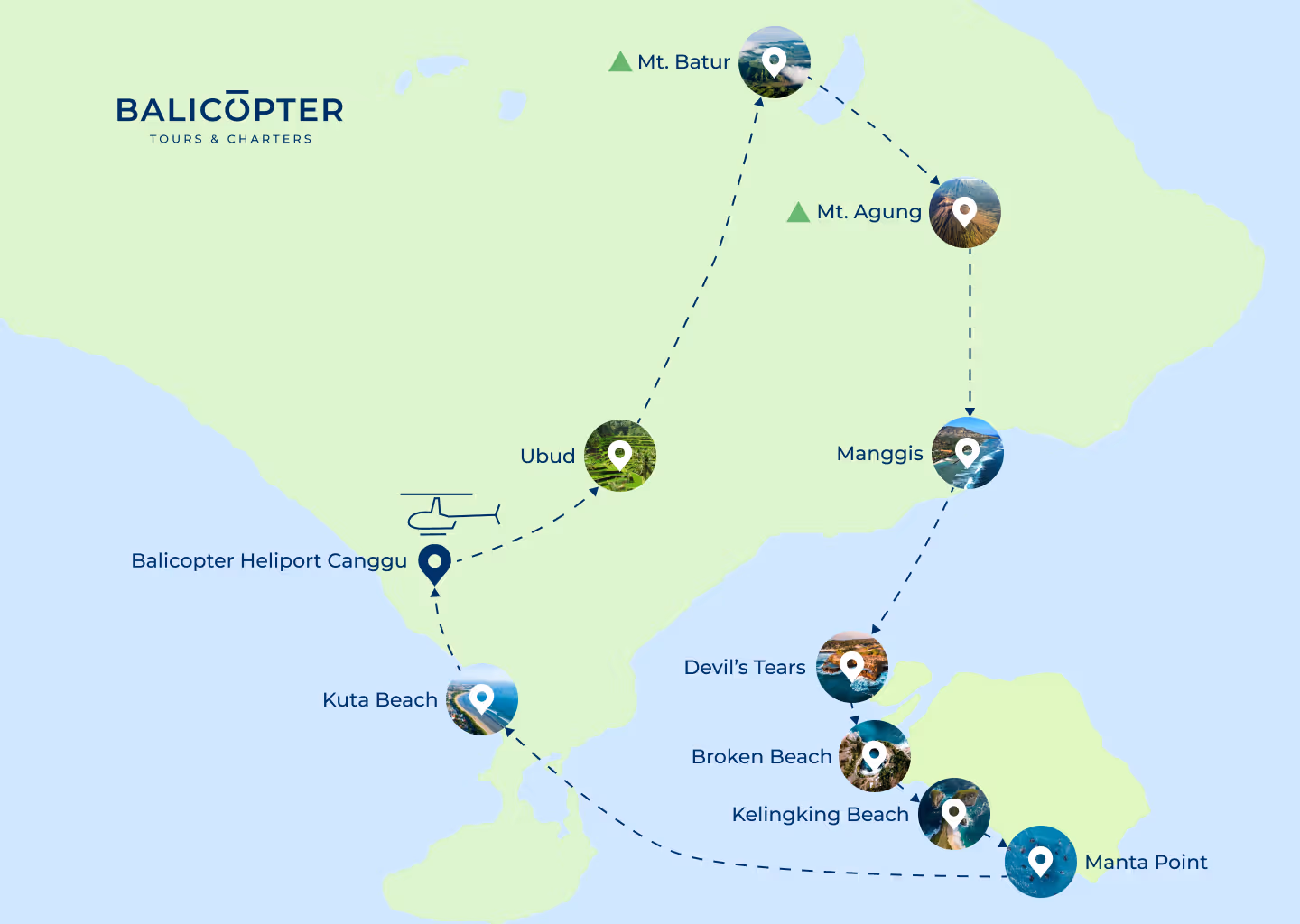 Visual Map Helicopter Tour Nusa Dua Canggu Bali - Agung Volcanoes Tahan Lot
Balicopter 
