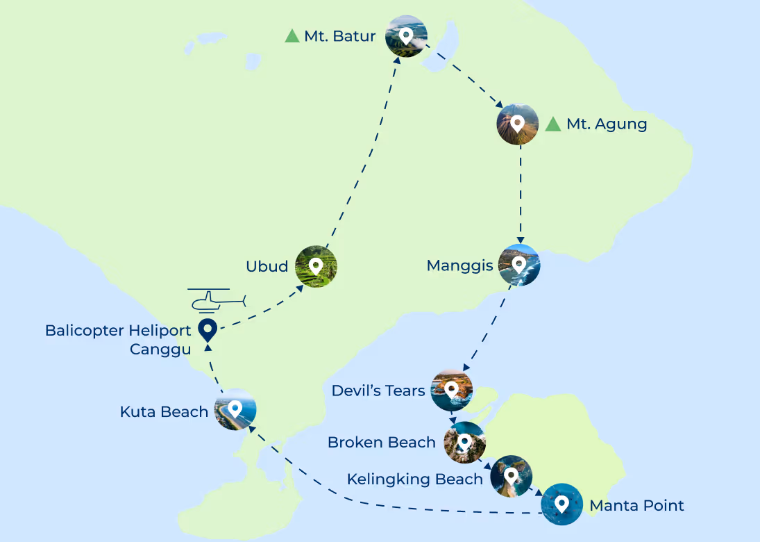 Visual Map Helicopter Tour Nusa Dua Canggu Bali - Agung Volcanoes Tahan Lot
Balicopter 