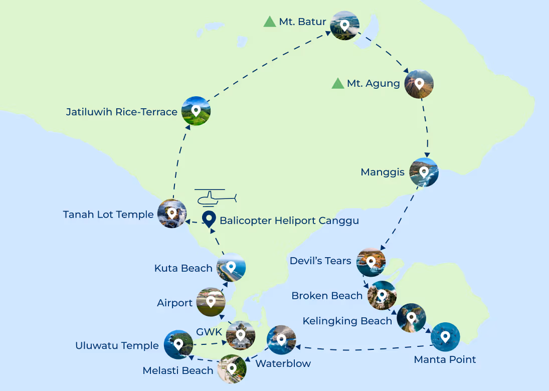 Visual Map Helicopter Tour Nusa Dua Canggu Bali - Batur Agung Volcanoes Tahan Lot
Balicopter 