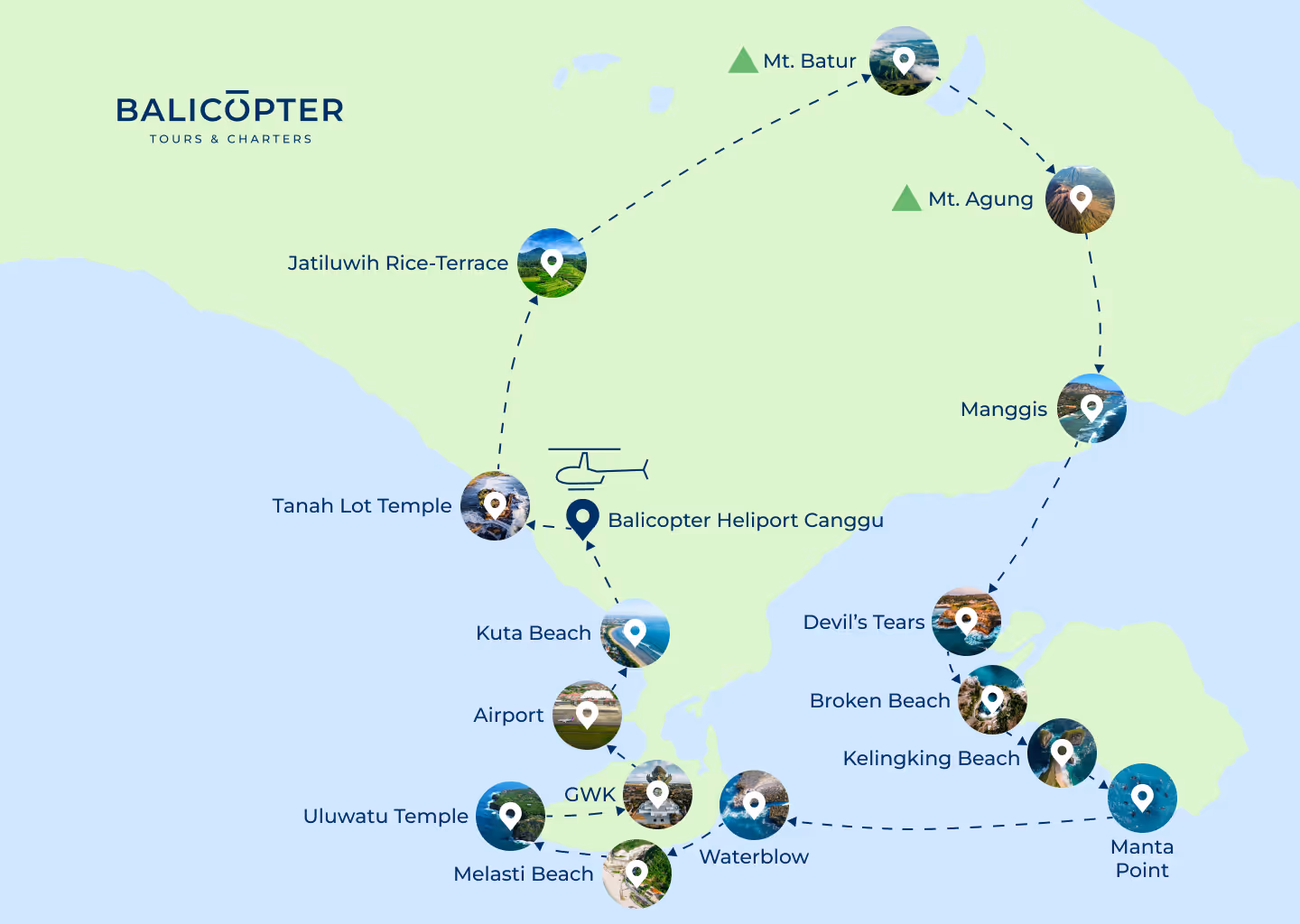 Visual Map Helicopter Tour Nusa Dua Canggu Bali - Batur Agung Volcanoes Tahan Lot
Balicopter 