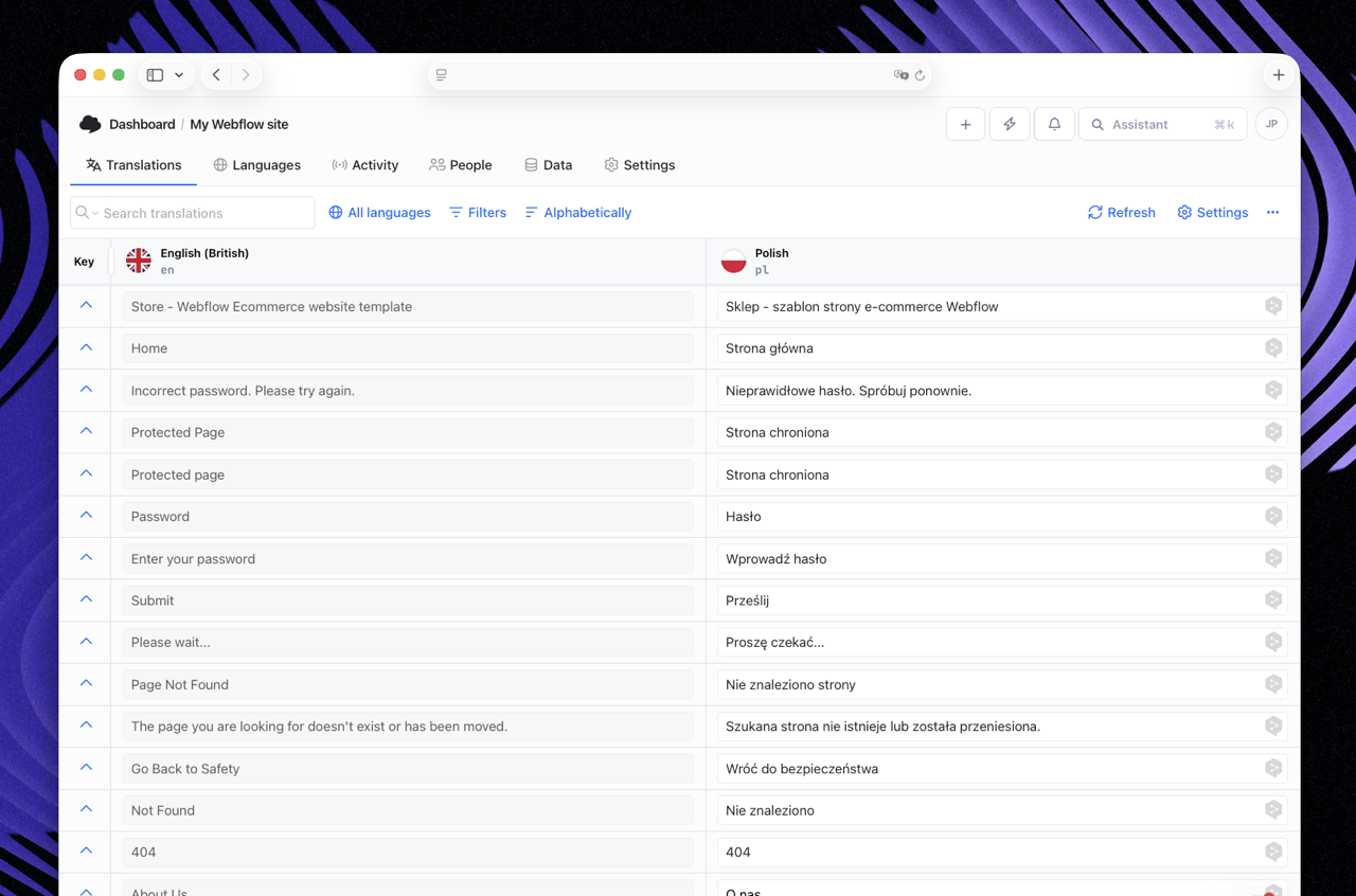 SimpleLocalize for Webflow - Table View