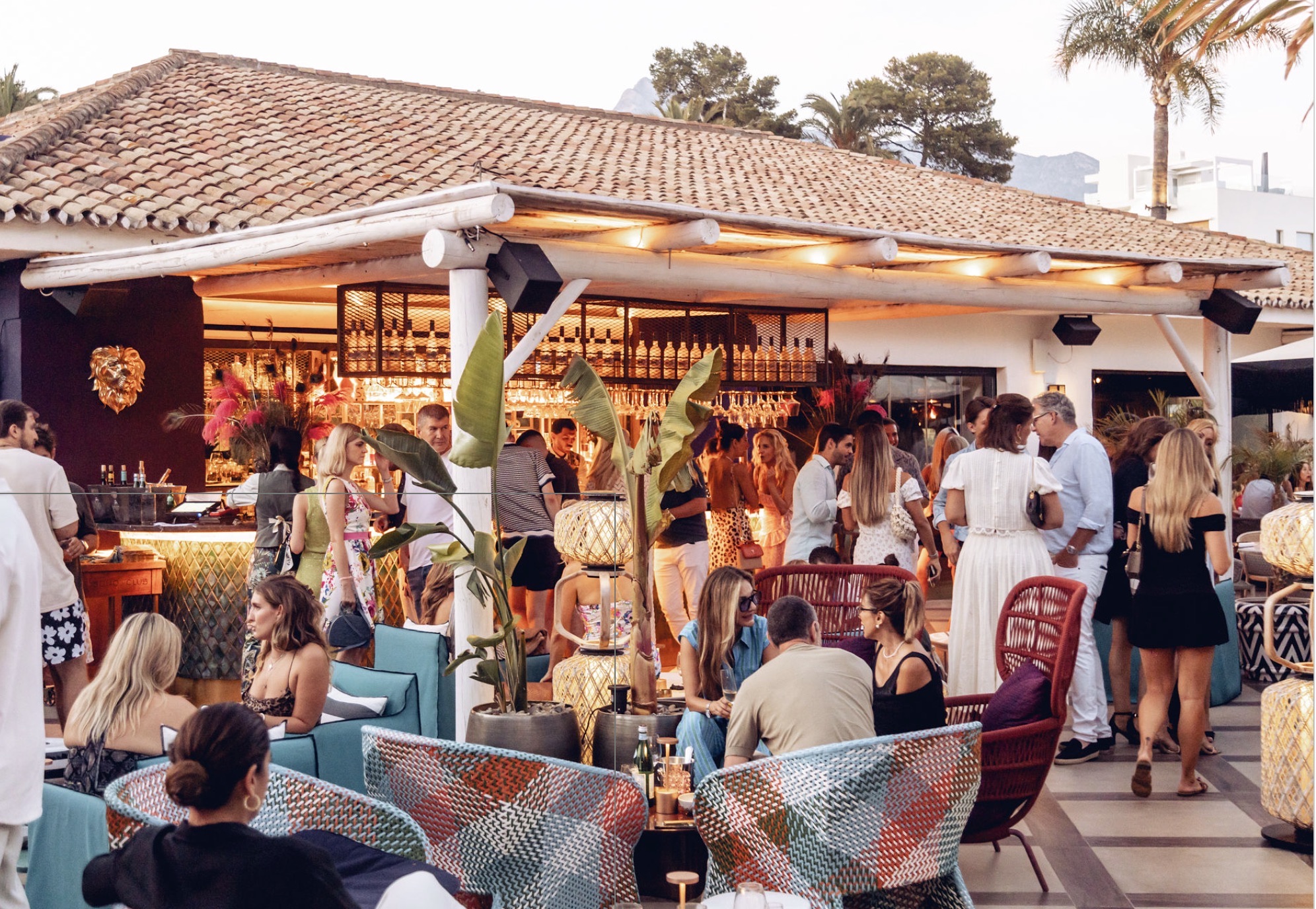 Company Team mingling at sunset drinks at their hotel in Marbella