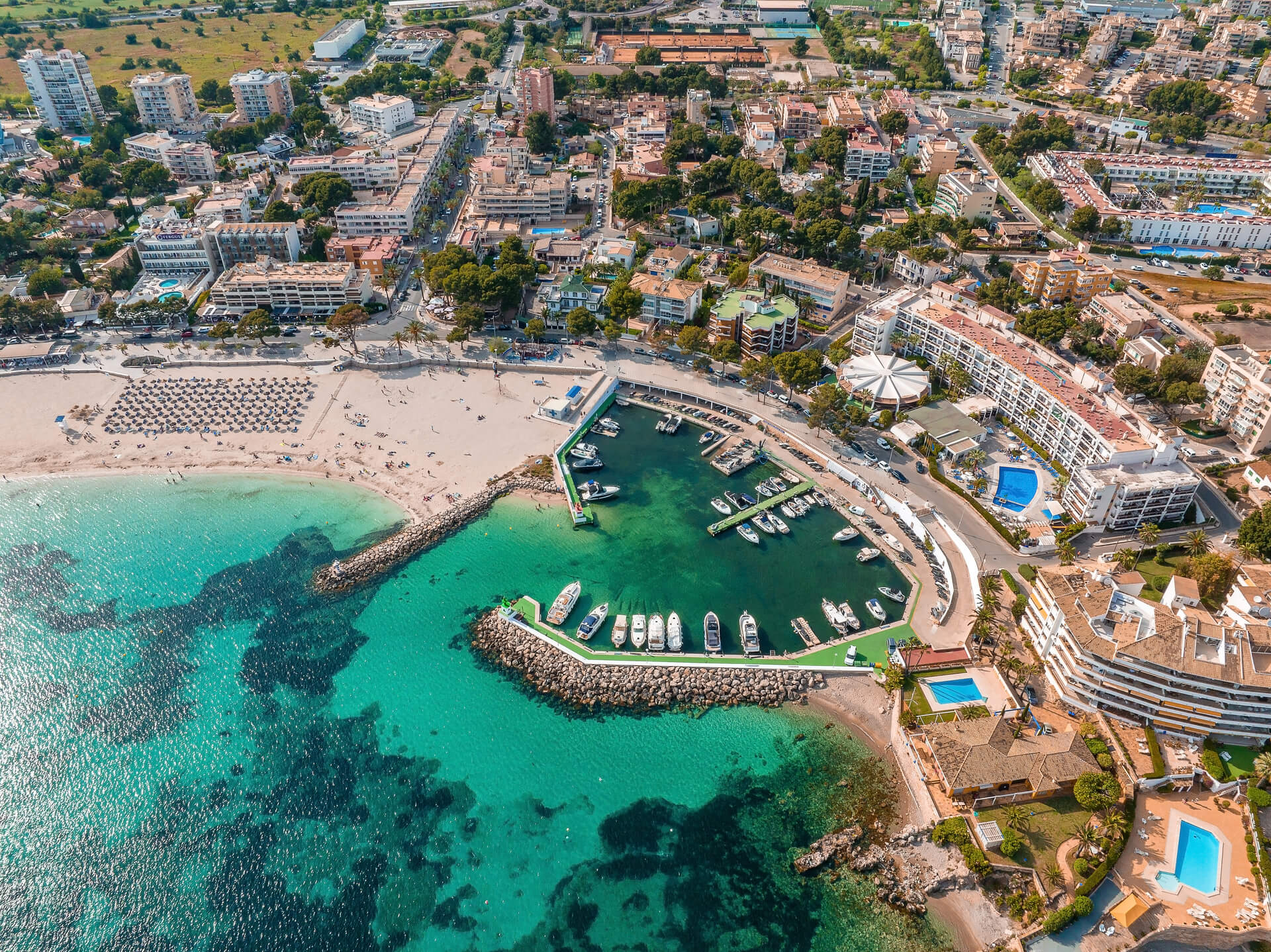 Aerial view of a town & harbour in Mallorca