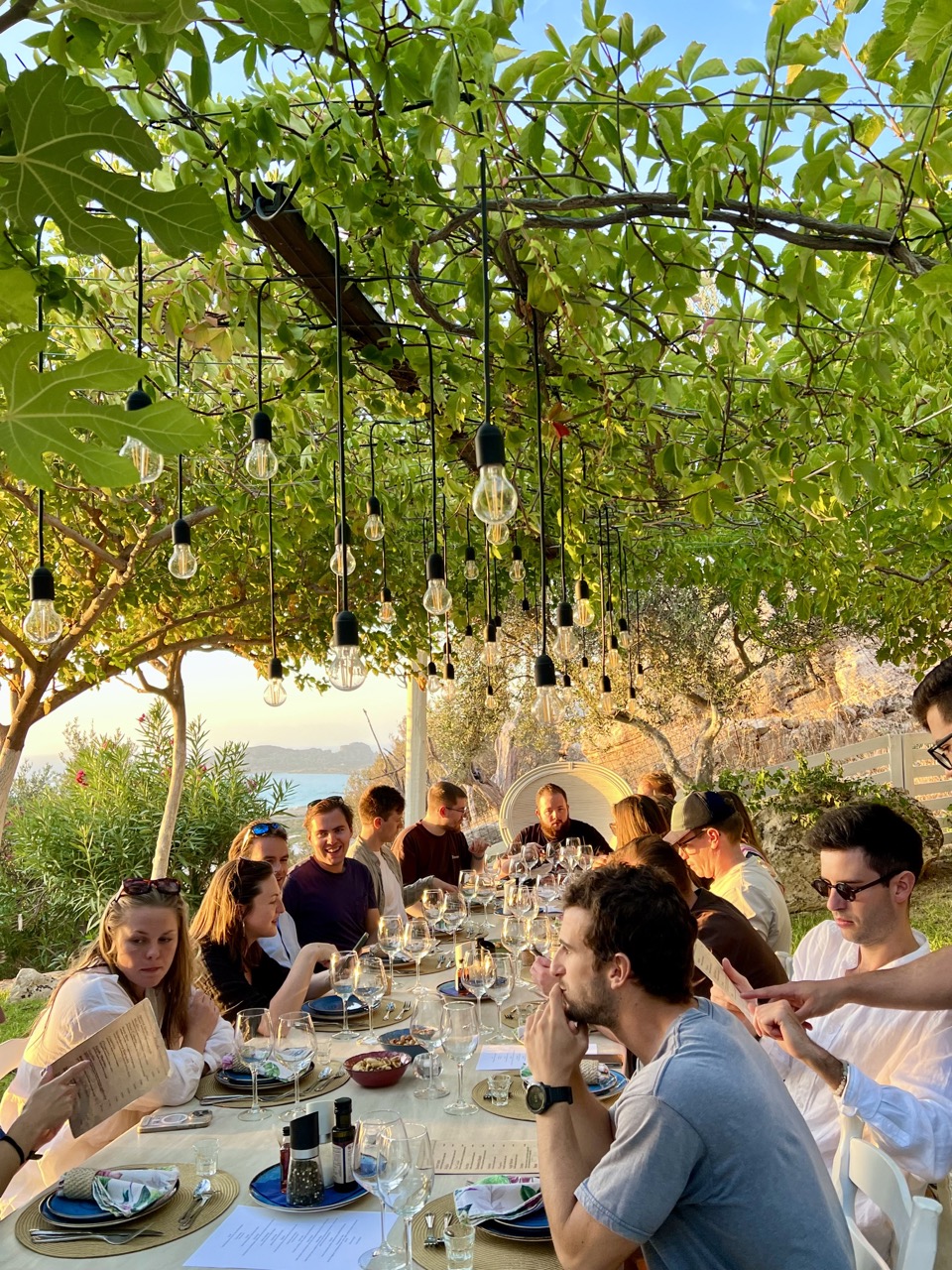 Team dinner during an evening gathering at a corporate retreat