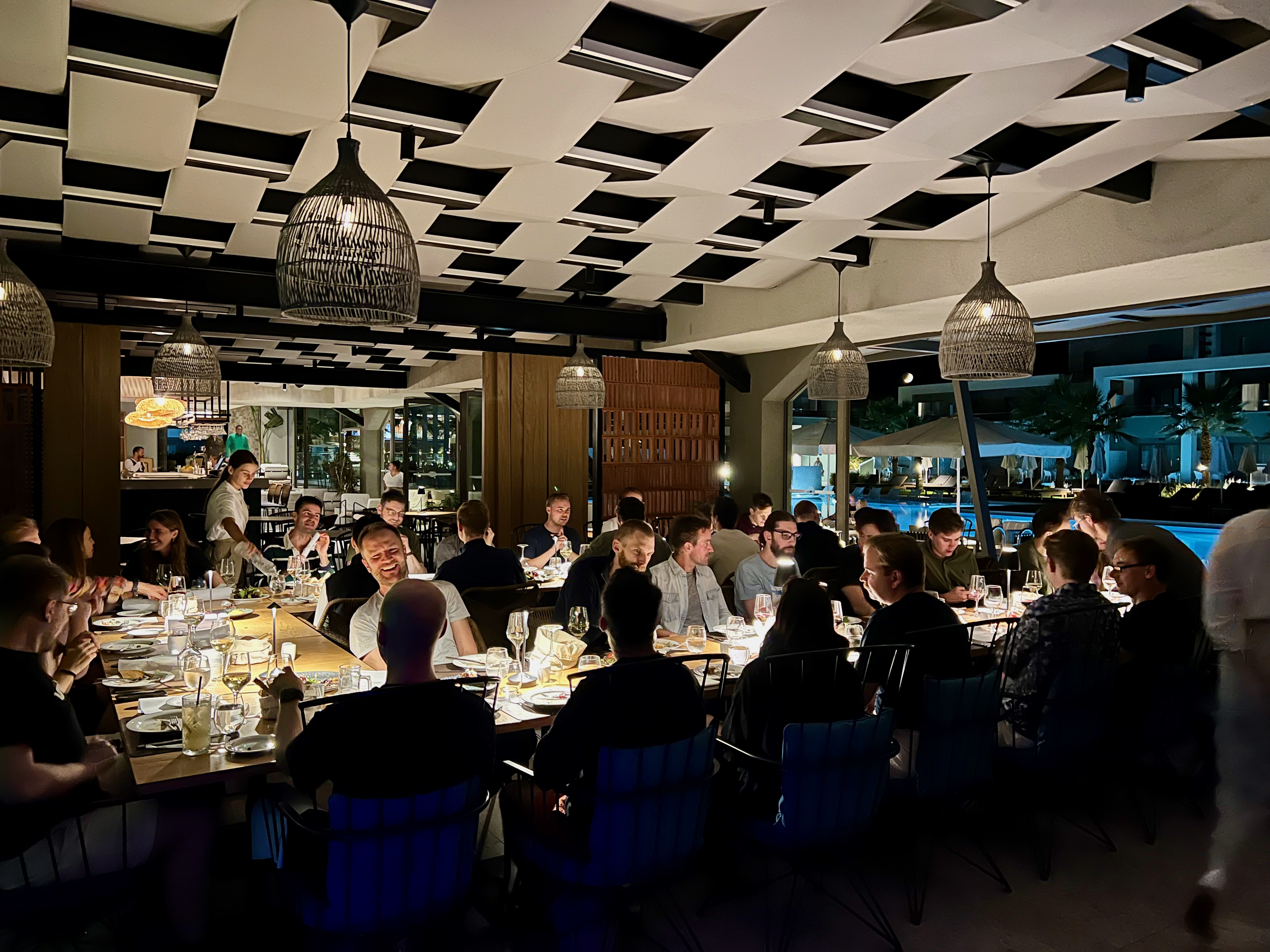 Welcome group dinner at the start of a company offsite retreat