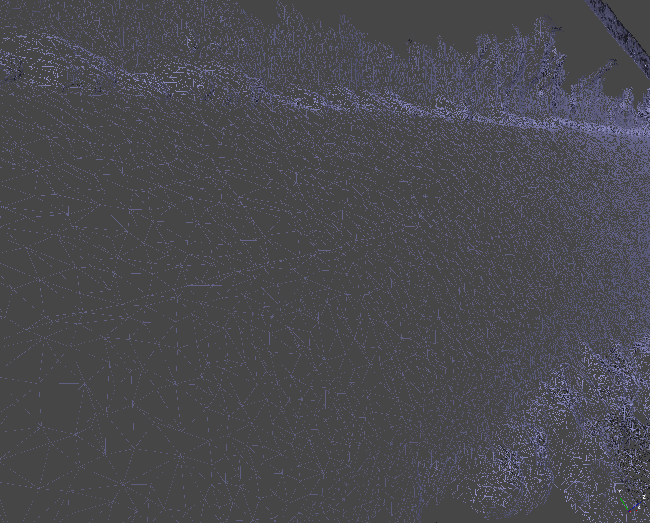 A wireframe road collision mesh for Alpine Meadows Rd. from Real Sim Roads shown in Metashape.