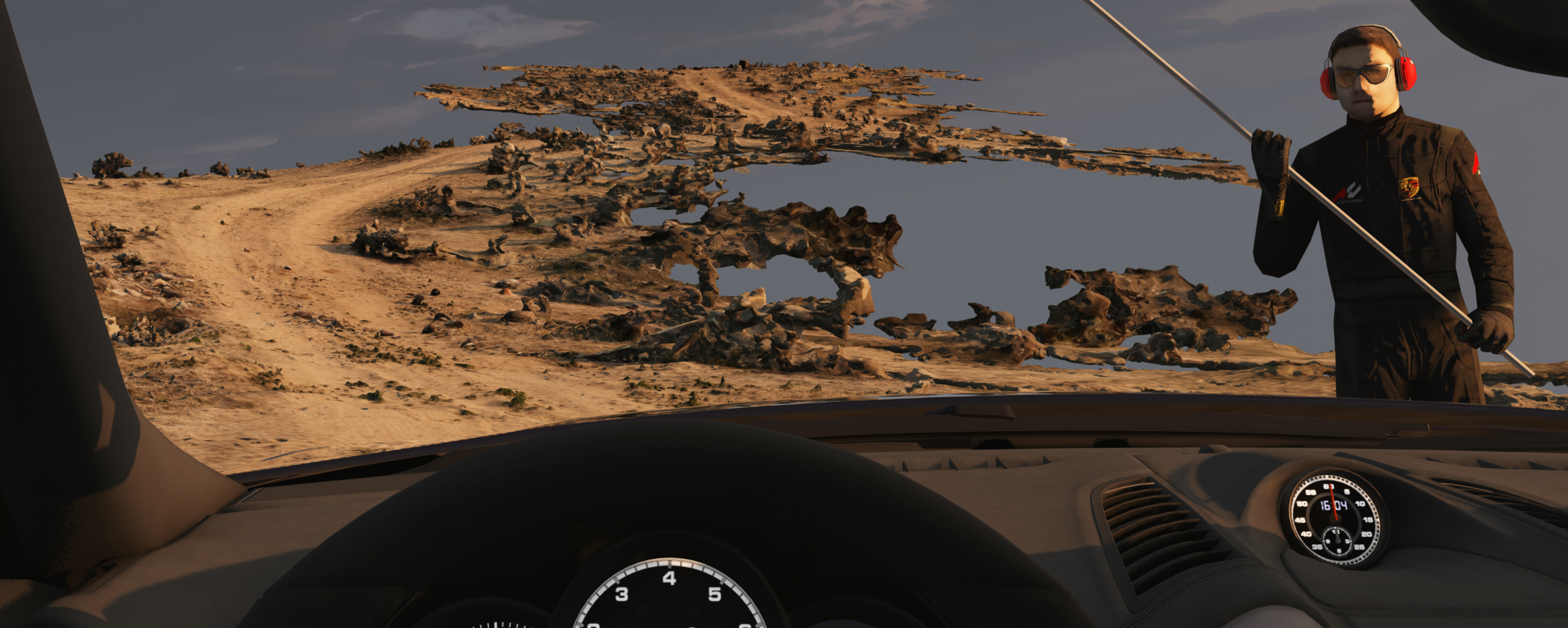A screenshot of Assetto Corsa featuring a short offroad trail captured by Real Sim Roads near Randsburg, CA.