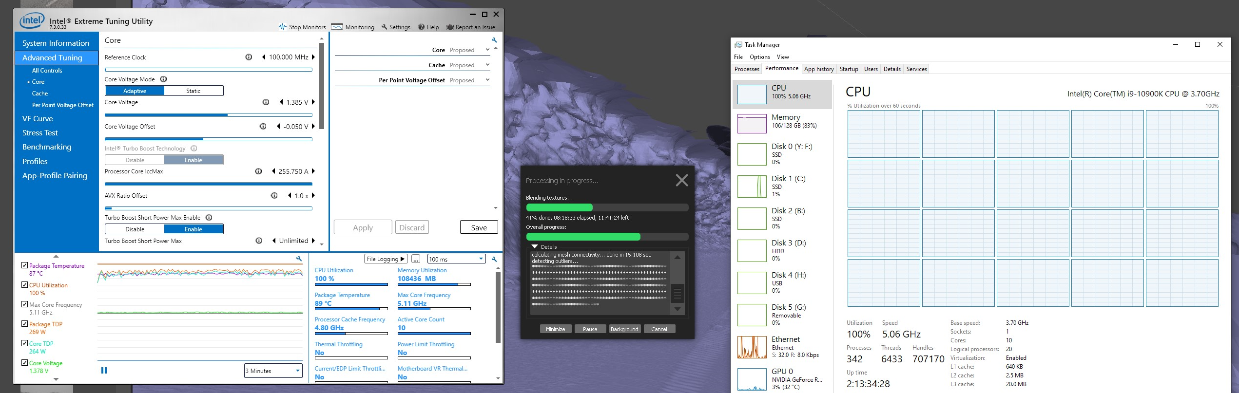 A screenshot showing the Task Manager and Intel Extreme Tuning Utility with the CPU and RAM usage maxed out.