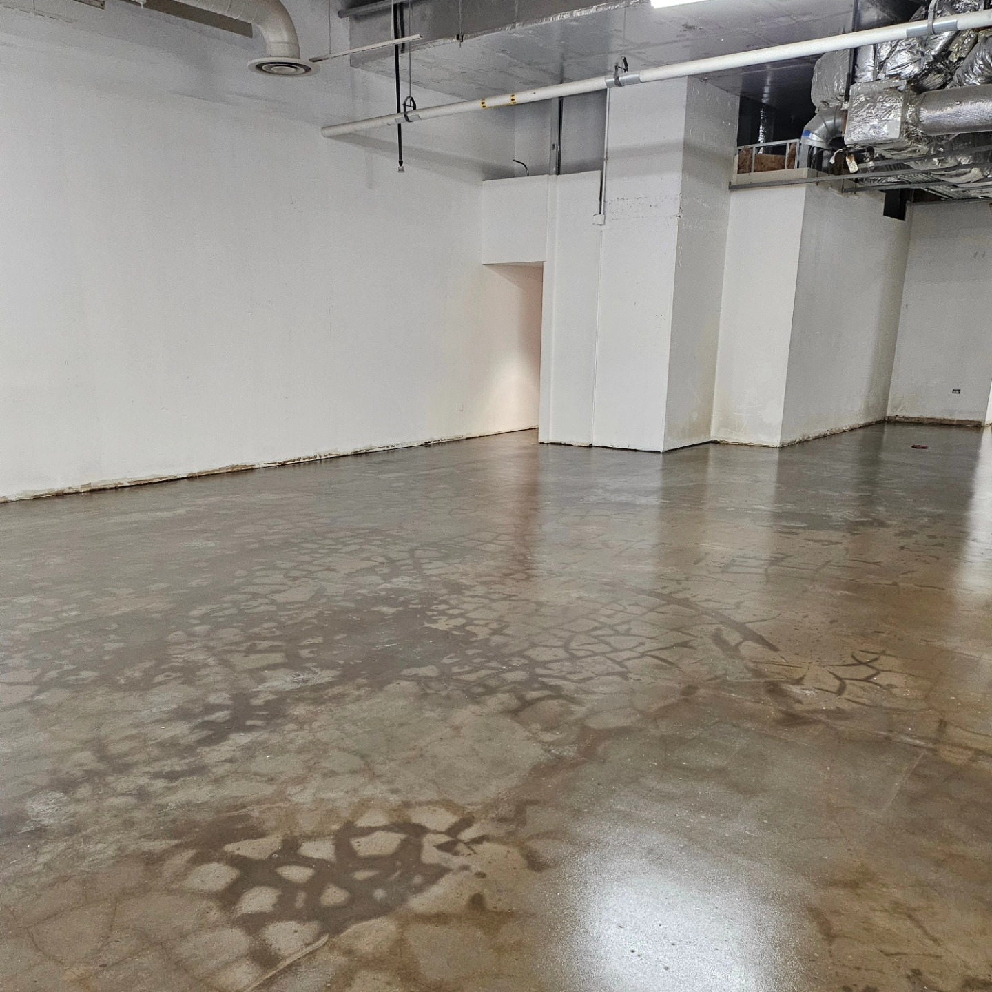 Sealed concrete floor with a satin sheen and mottled color