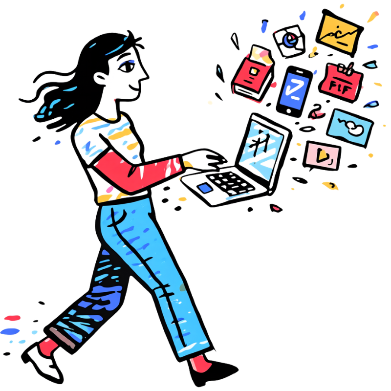 Person walking with a laptop, content products flying out of it