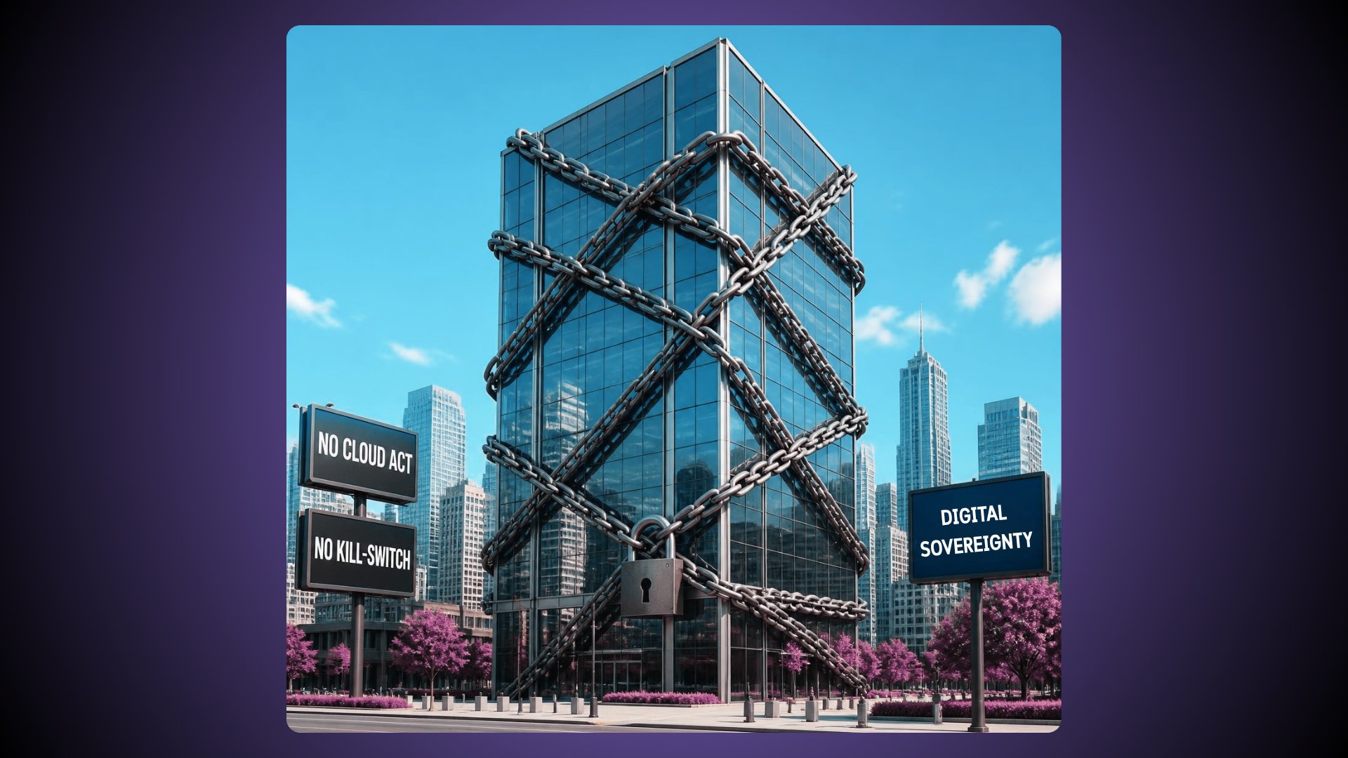 Glass office tower wrapped in chains with a padlock, next to signs reading “No Cloud Act”, “No Kill-Switch” and “Digital Sovereignty”