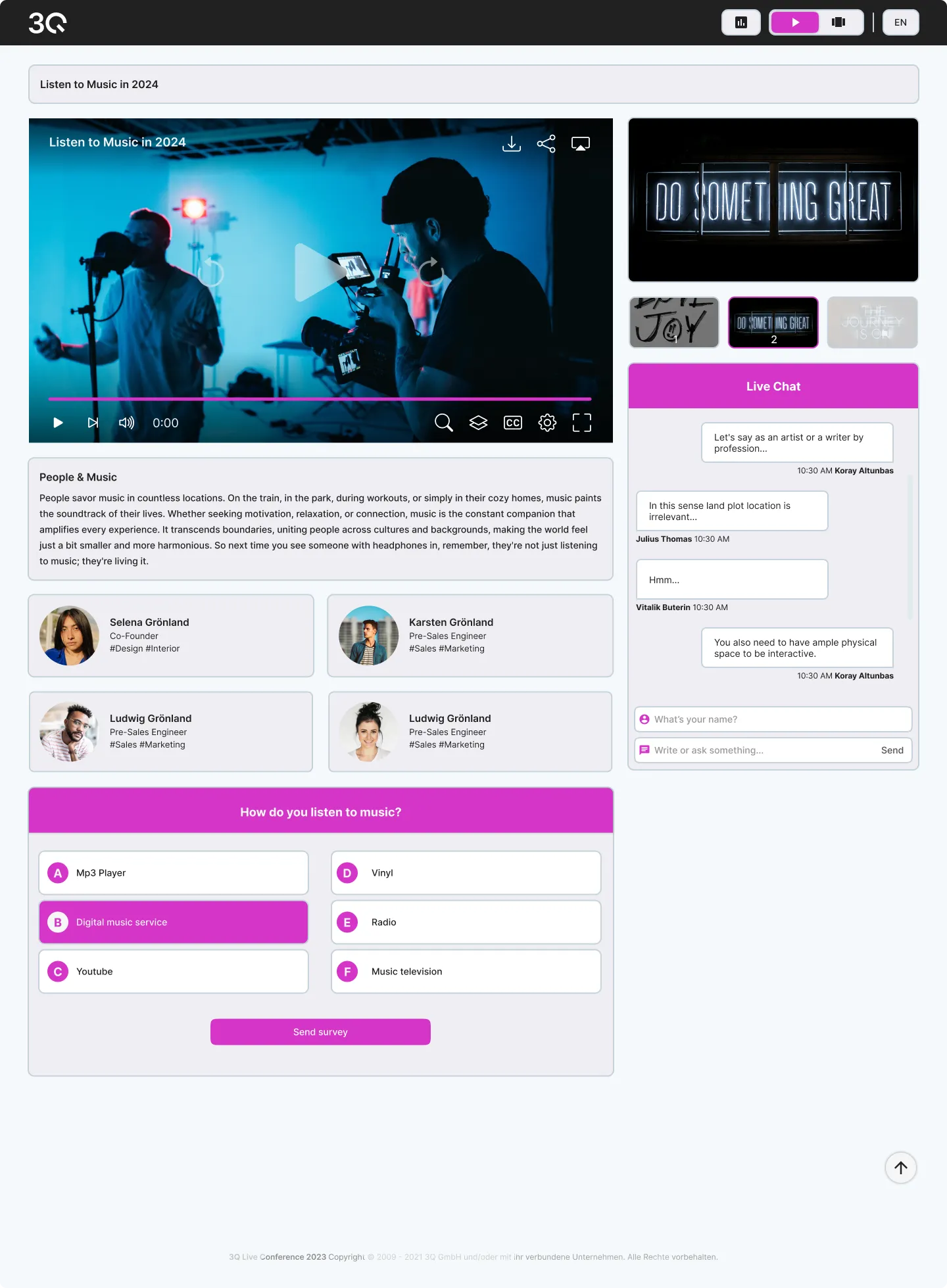 Webseite mit Umfrage zur Musikhörweise 2024, Videoplayer, Chat und Teamvorstellung.