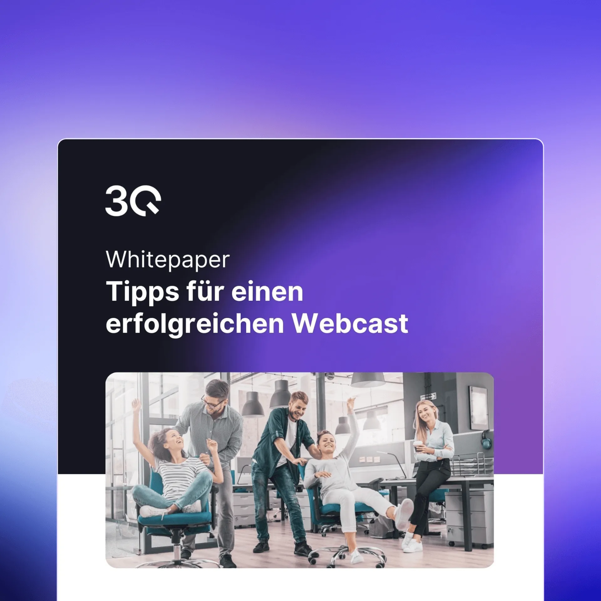 Whitepaper Cover: Tipps für einen erfolgreichen Webcast with people having fun on office chairs.
