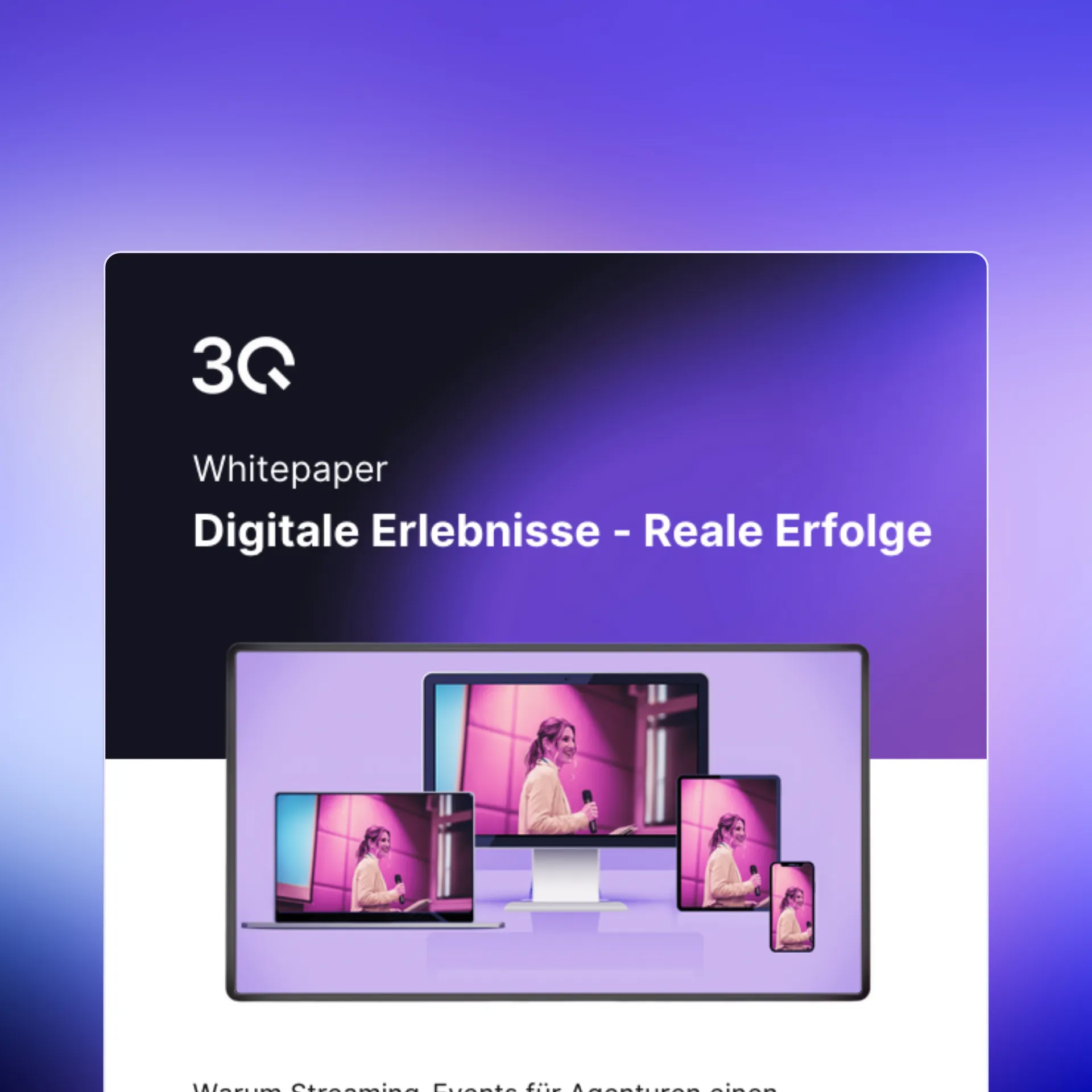 Whitepaper-Titel 'Digitale Erlebnisse - Reale Erfolge' mit Geräten, die eine Frau mit Mikrofon zeigen.