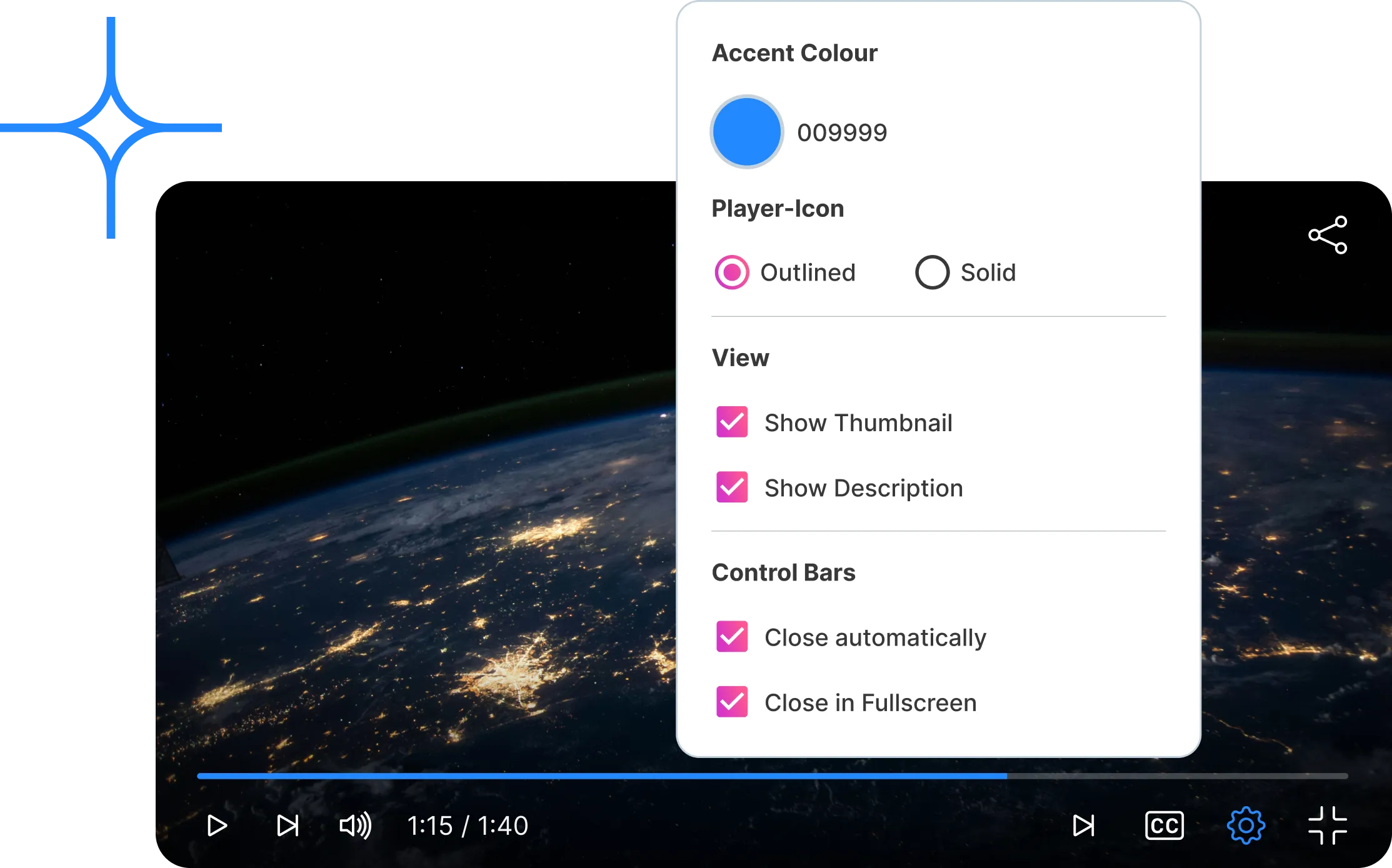 Video player with settings panel displaying Earth at night and options for color, icon, and control bars