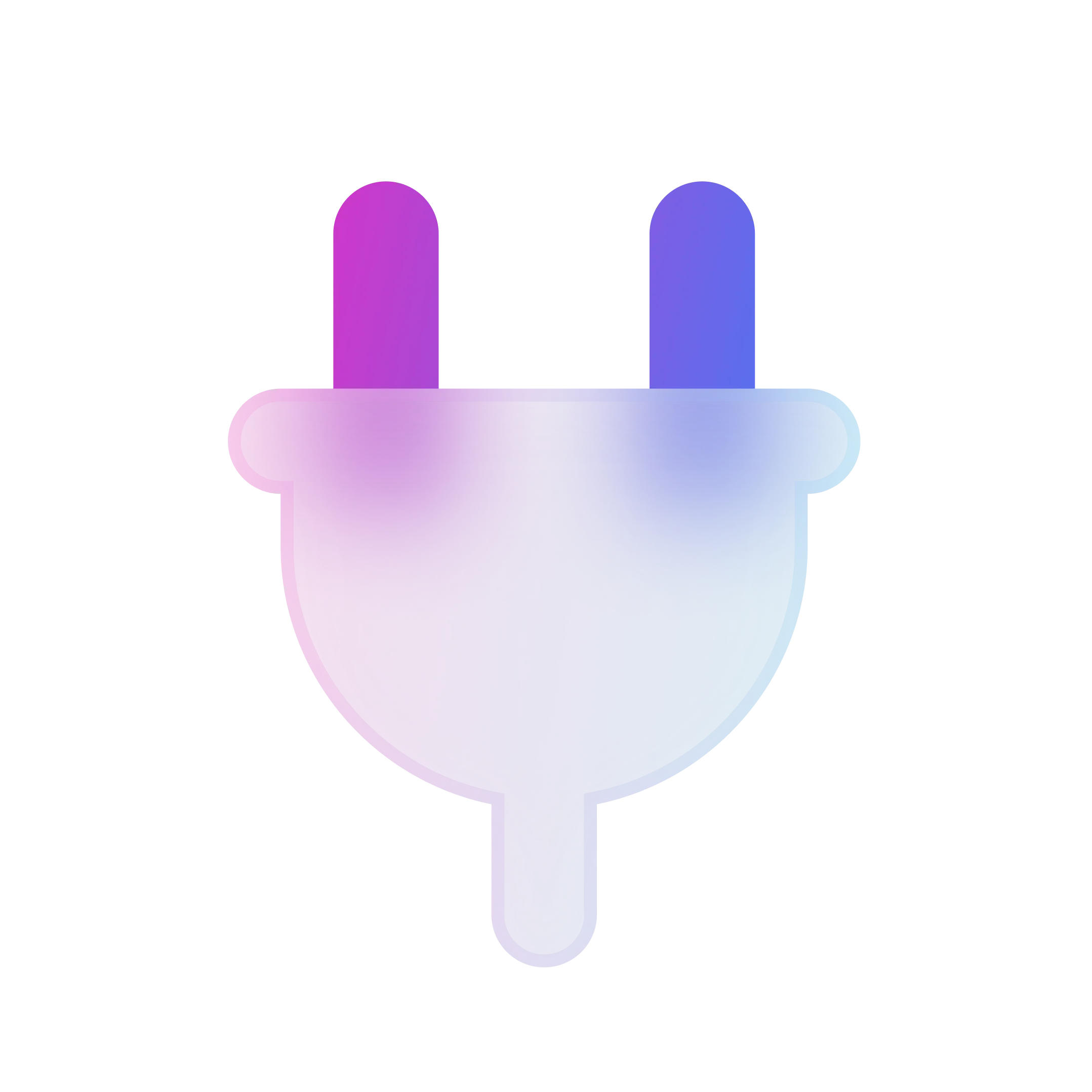 Stilisierter elektrischer Stecker mit Farbverlauf von Rosa zu Blau auf schwarzem Hintergrund.