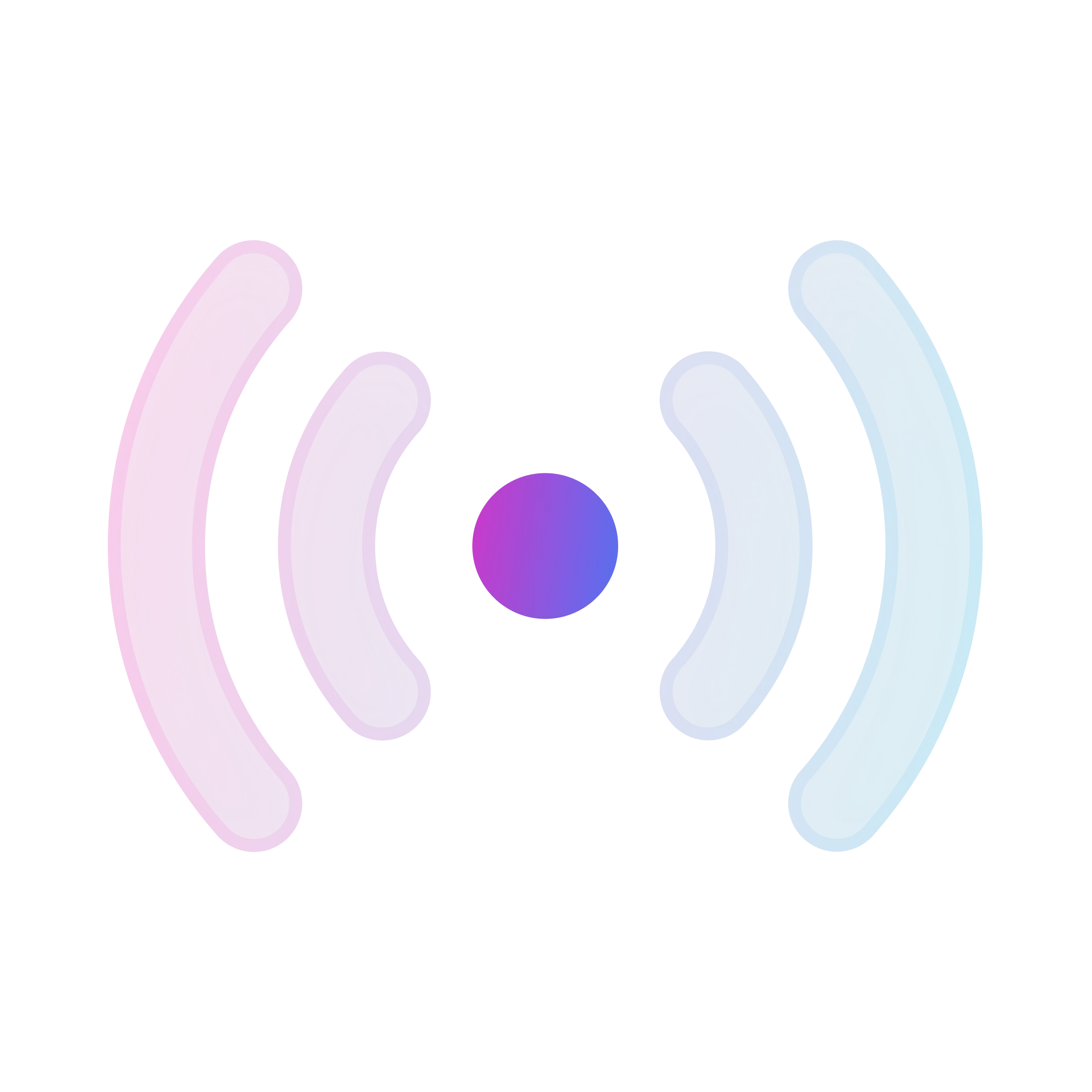 Symbol with a central purple-blue dot and four curved bars in pink and blue radiating outward.