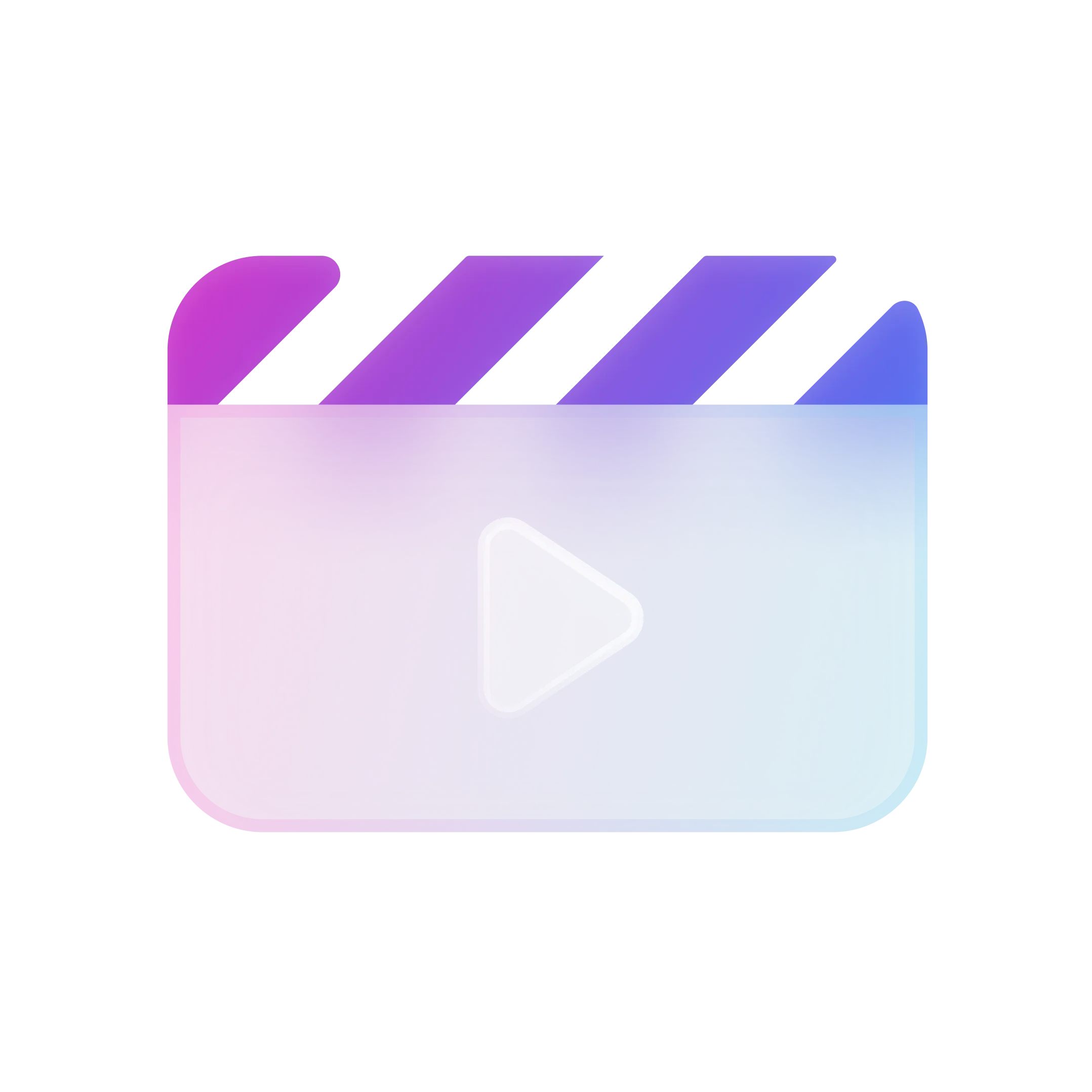 Symbol eines Filmklappe mit einem Abspiel-Dreieck in rosa und blauem Farbverlauf.