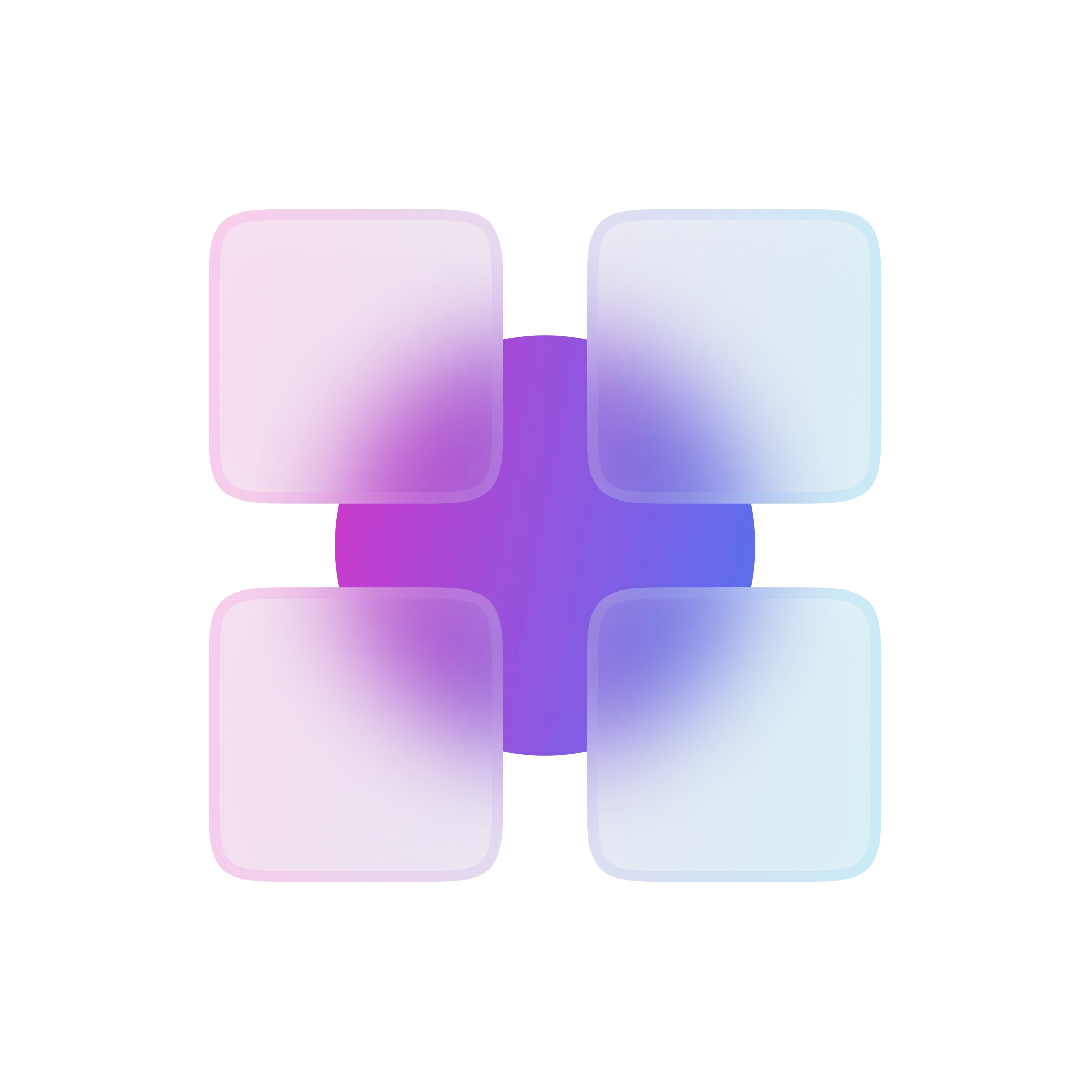 Vierteiliges abstraktes Symbol mit rosa und blauen halbtransparenten Quadraten um einen lila Kreis.