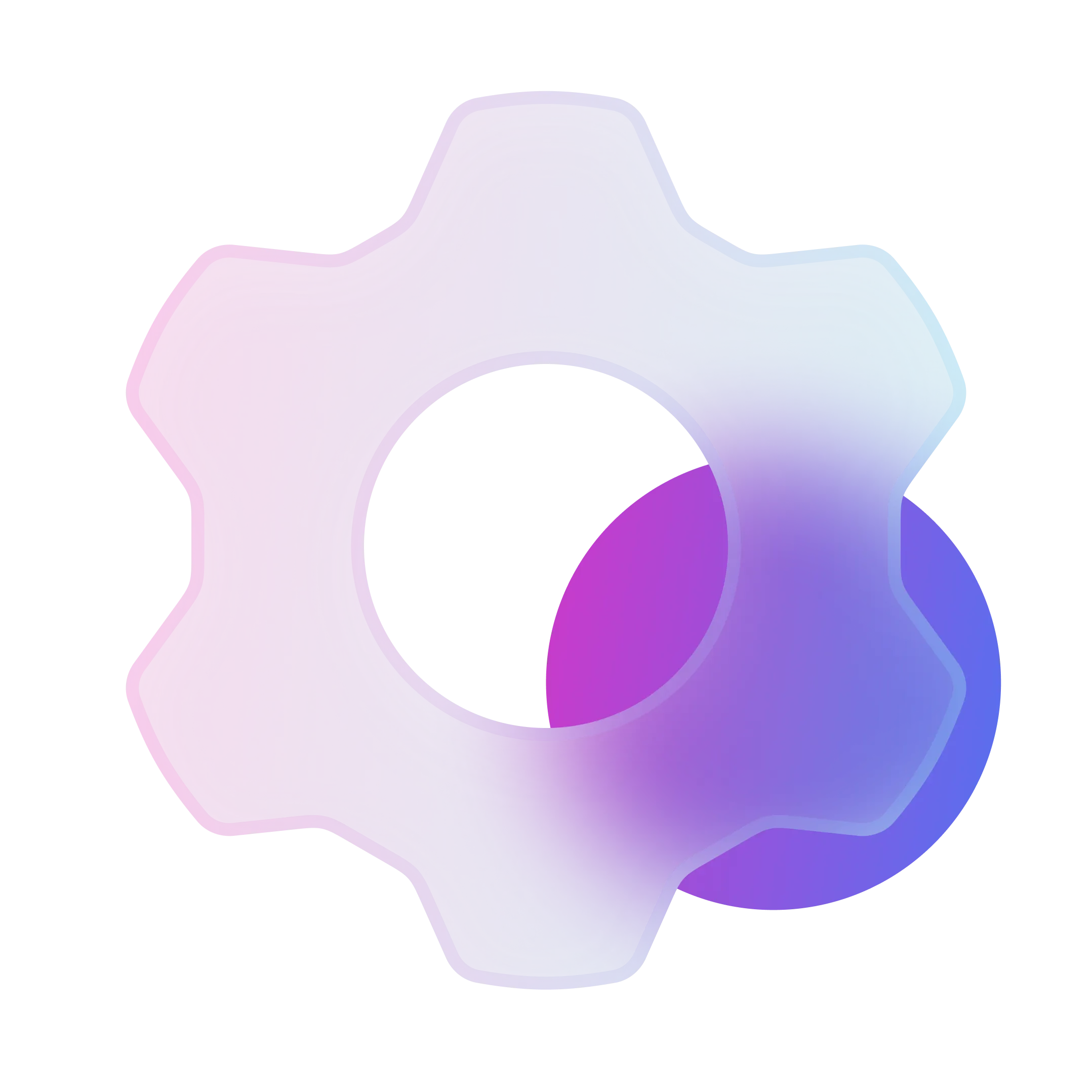 Transparent farbverlaufenes Zahnrad-Symbol mit blau-lila Kugel im Hintergrund.