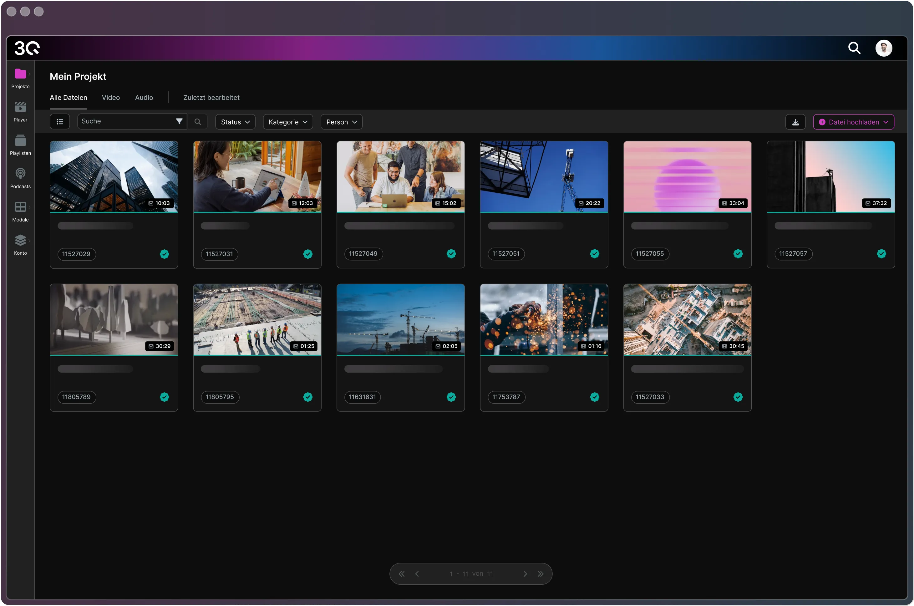 Dashboard interface showing video project gallery with multiple video cards and thumbnails.