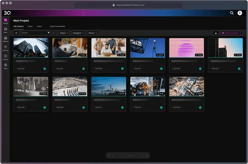 Benutzeroberfläche einer Streaming-Plattform zeigt Videovoransichten mit Dauer und Projektinformationen.