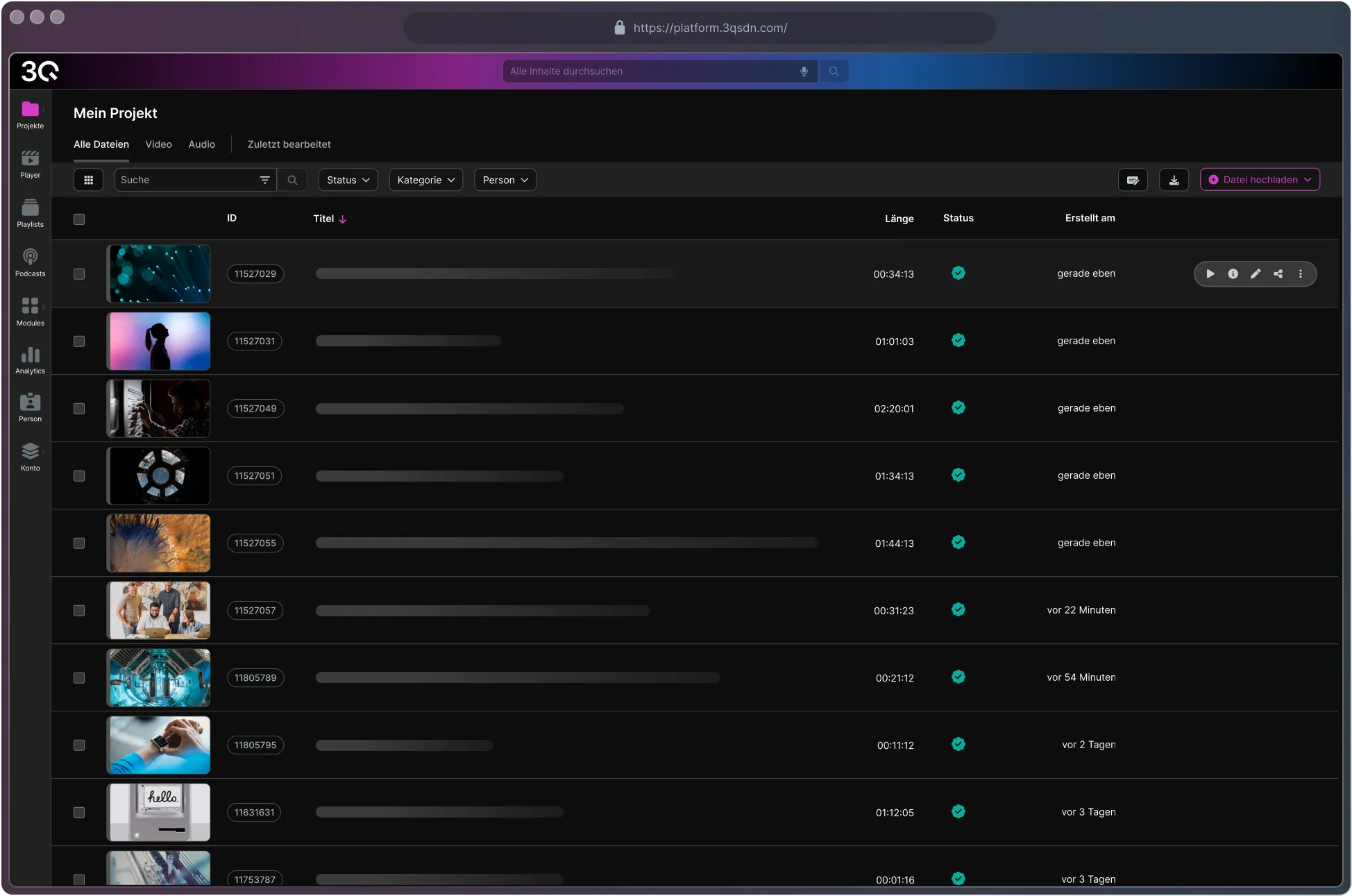 Screenshot of 3Q Hosting management dashboard showing video content library and project details