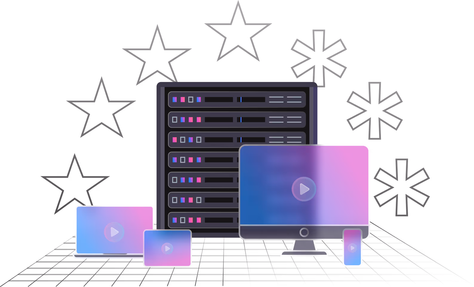 3Q CDN device overview showing smartphone, tablet, desktop, and streaming play icons.