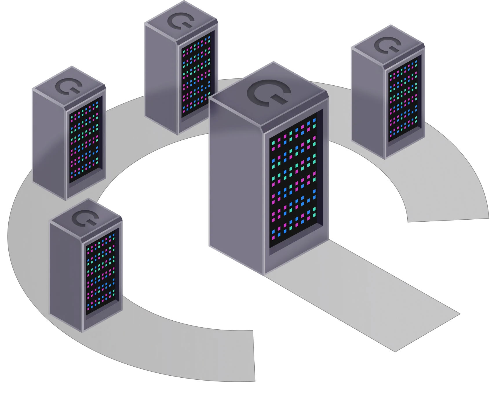 3D isometric illustration of four server racks with LED indicators