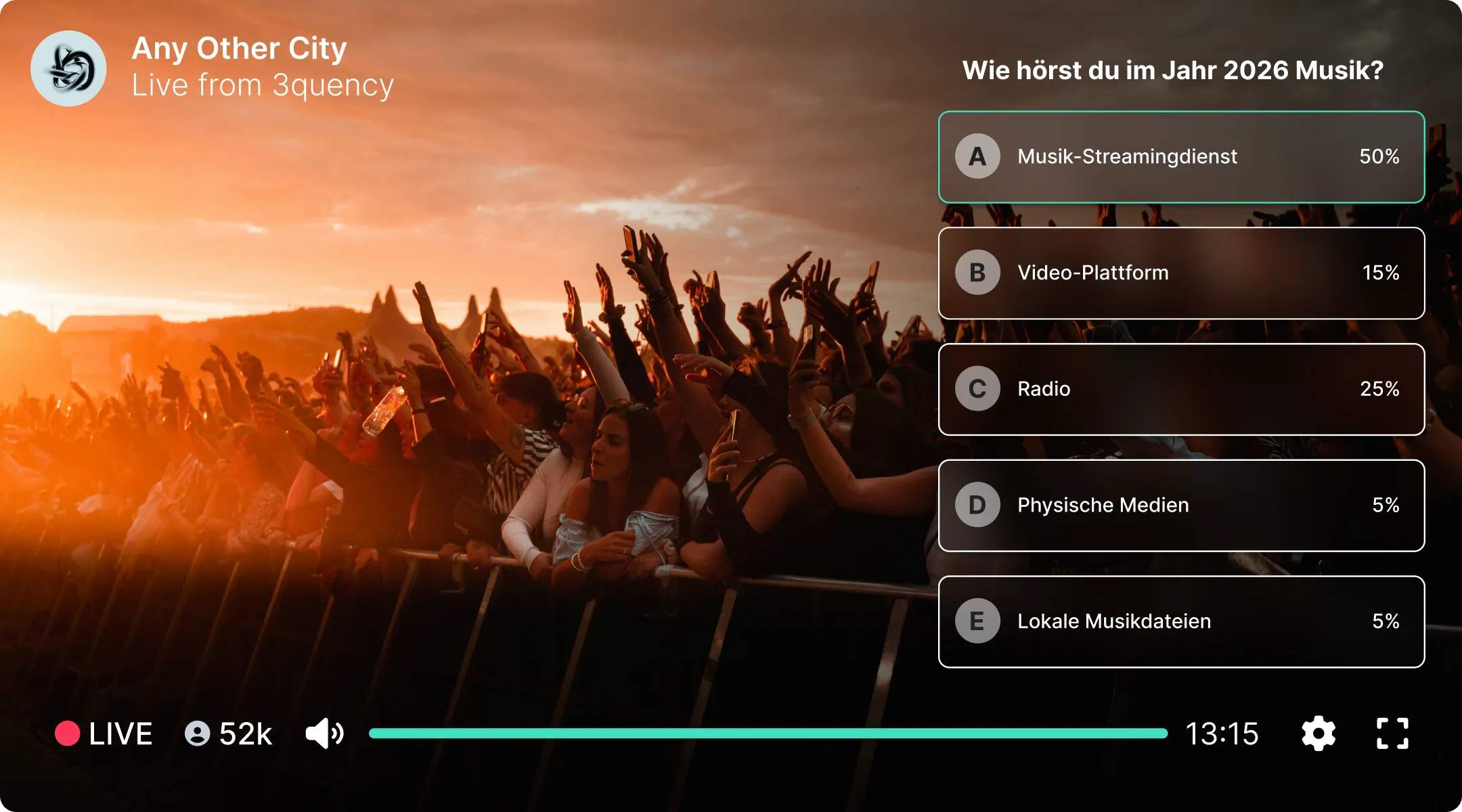 Video player during live stream with audience scene, metadata and chat control panels.