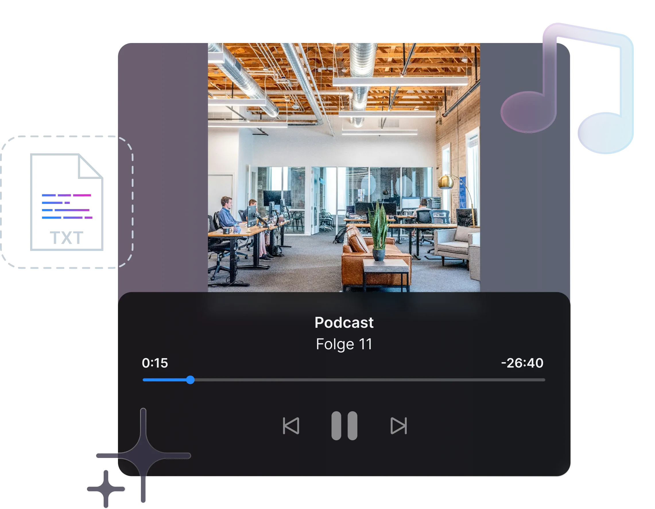Ein modernes Büro mit Menschen an Schreibtischen und Podcast-Player, der Folge 11 abspielt.