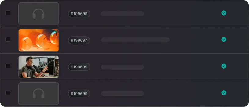 Audio streaming interface with playlist entries, waveform visualization, and confirmation icons
