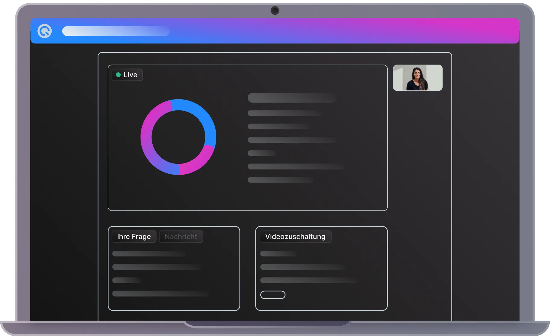 Webinar page with live indicator, circular chart graphic, and two info panels.