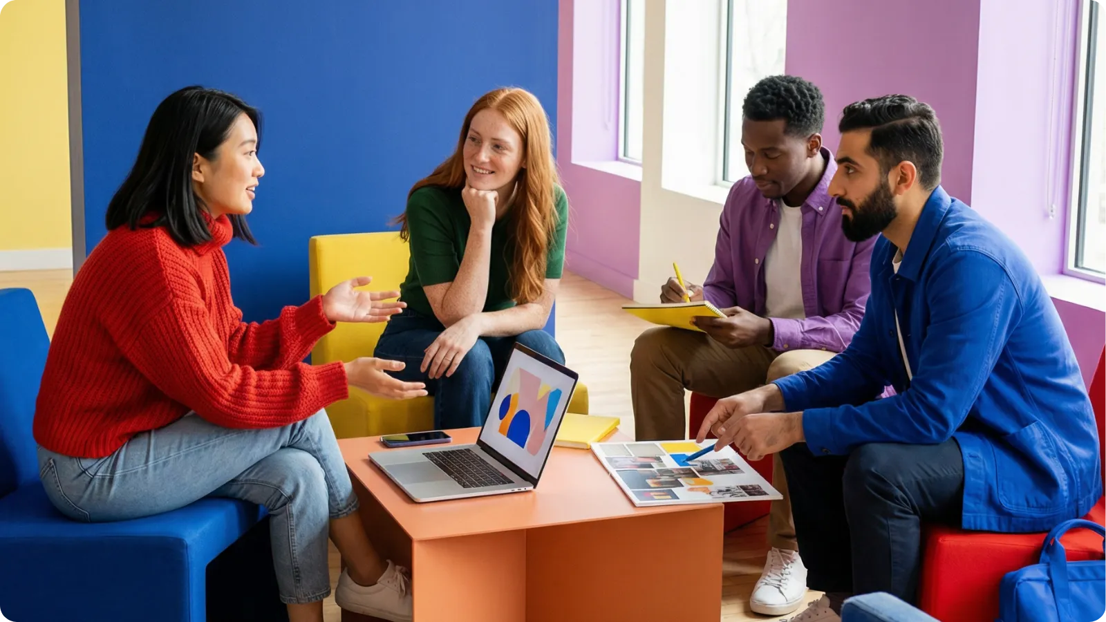 Vier Menschen sitzen zusammen in einem bunten Büro und besprechen Arbeitsprojekte an einem Laptop.
