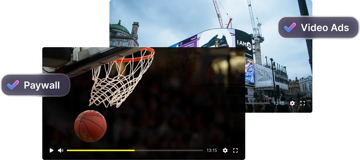 3Q monetization interface showing paywall setup with video player preview and labels.