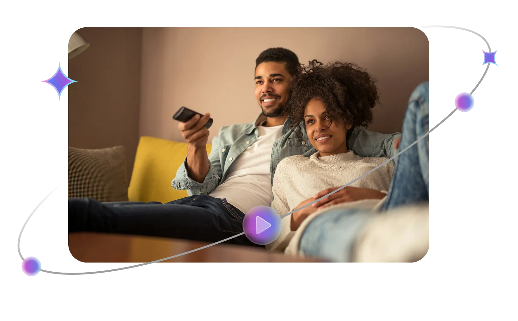 Illustration of couple on sofa with magical light effects around OTT video content.