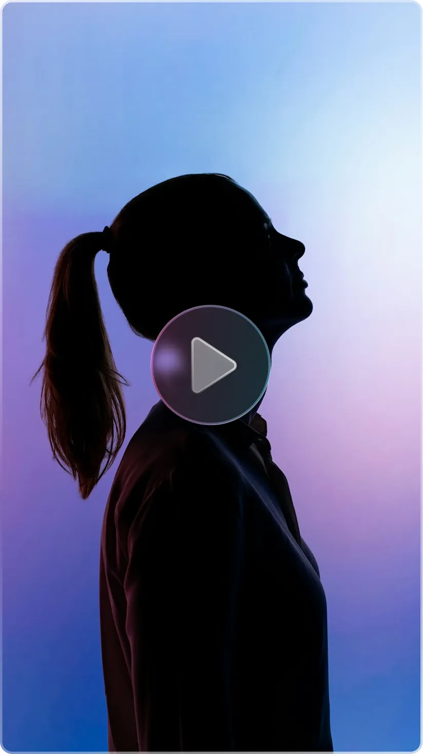 Person silhouette with headphones against blue-to-pink gradient background with play button.