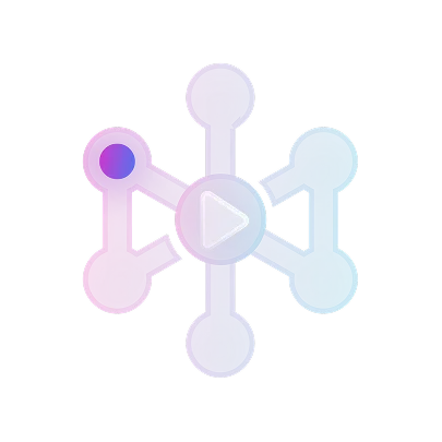 Symbol with central play button and connected nodes in pink, purple, and blue hues.