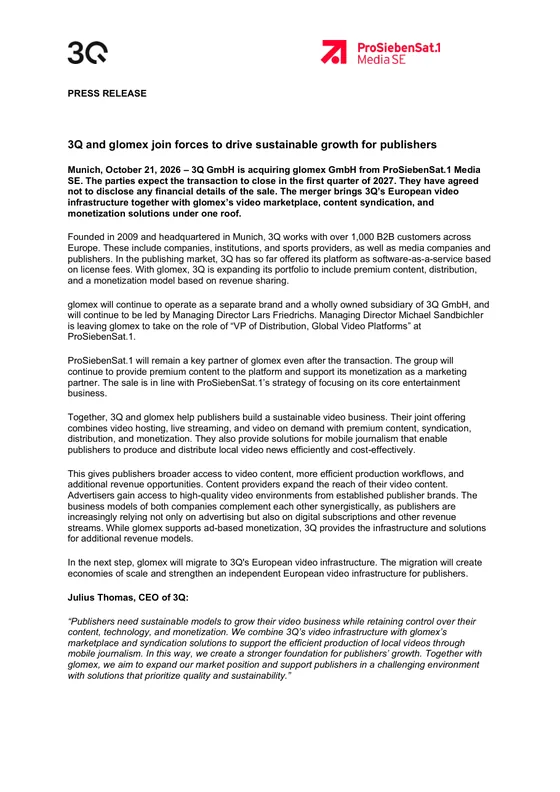 Vorschau Pressemitteilung: 3Q übernimmt glomex