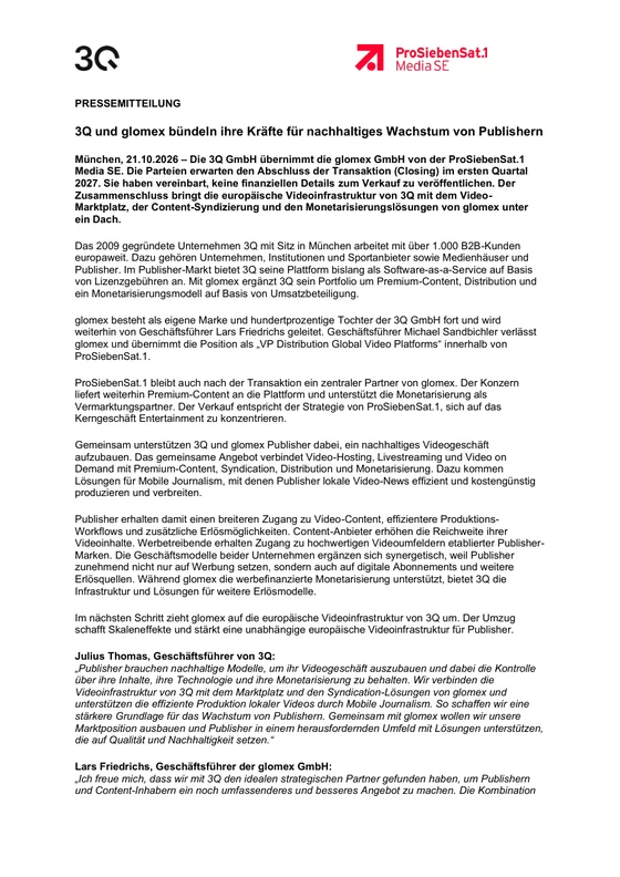 Vorschau Pressemitteilung: 3Q übernimmt glomex