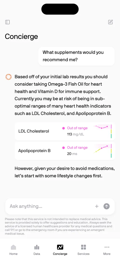 Chat interface showing medical advice on supplements for heart and immune support, with lab results indicating out-of-range cholesterol levels.