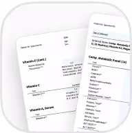 Two overlapping pages display medical test results, showing various vitamin levels and metabolic panel information.